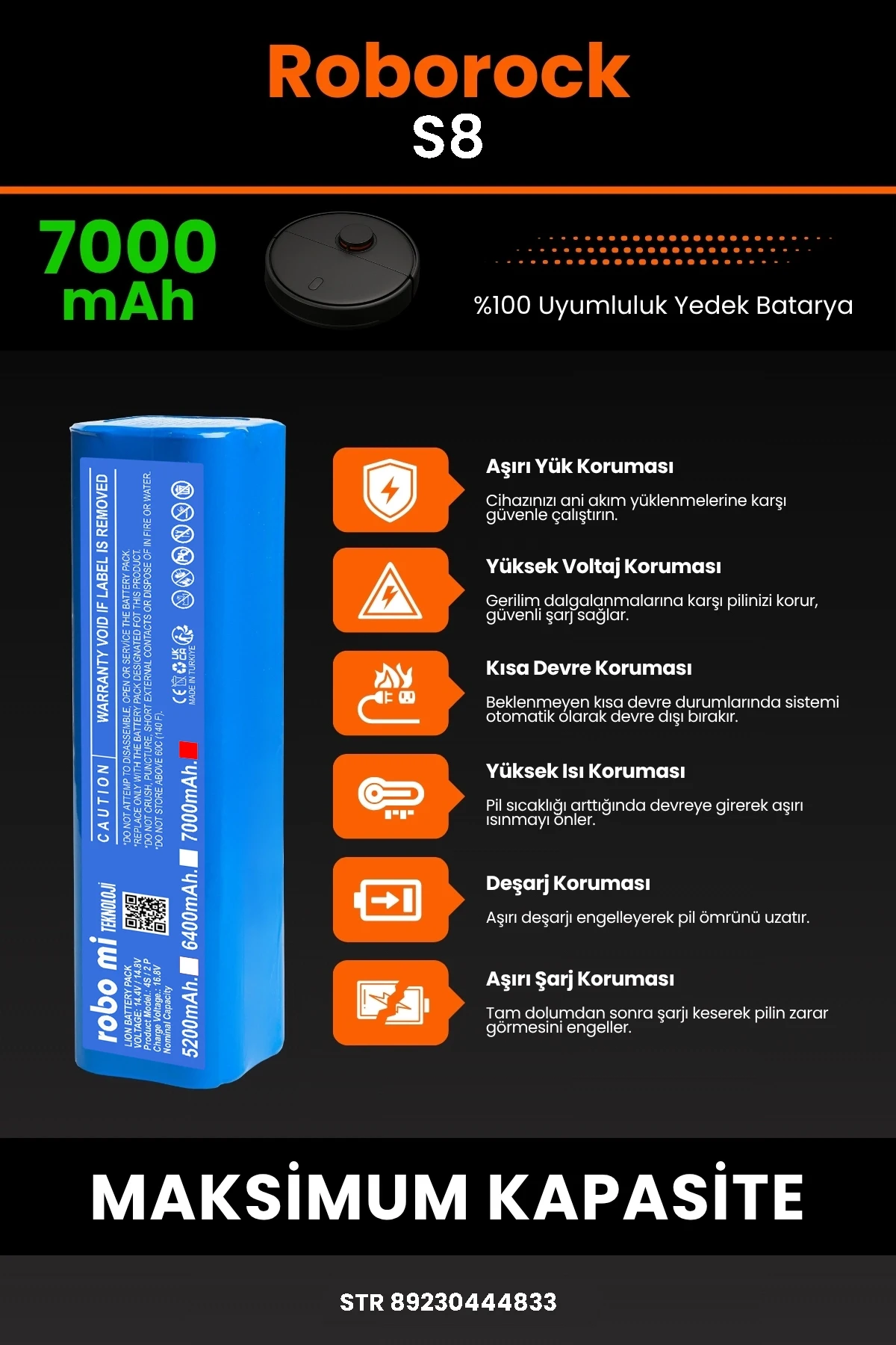 Roborock S8 7000mAh Uyumlu (Kutusuz) Robot Süpürge Bataryası - Gerçek Kapasite, Maksimum Güvenlik