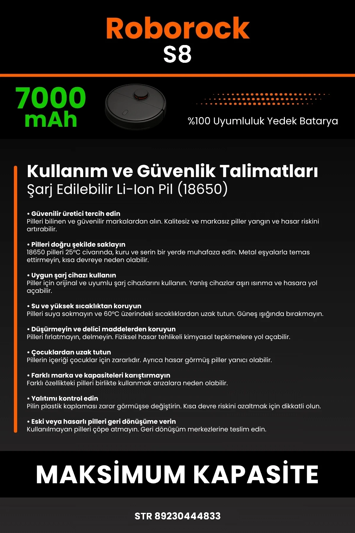 Roborock S8 7000mAh Uyumlu (Kutusuz) Robot Süpürge Bataryası - Gerçek Kapasite, Maksimum Güvenlik