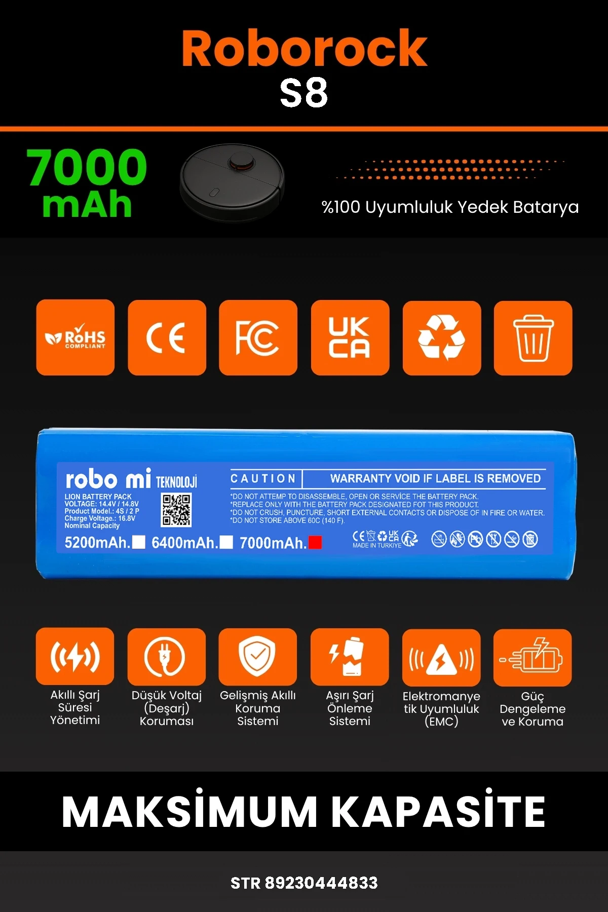 Roborock S8 7000mAh Uyumlu (Kutusuz) Robot Süpürge Bataryası - Gerçek Kapasite, Maksimum Güvenlik