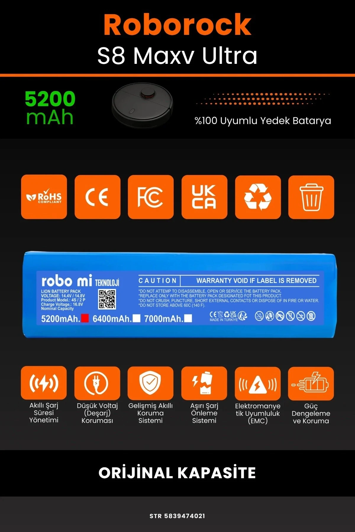 Roborock S8 Maxv Ultra 5200mAh Robot Süpürge Bataryası - Gerçek Kapasite, Maksimum Güvenlik