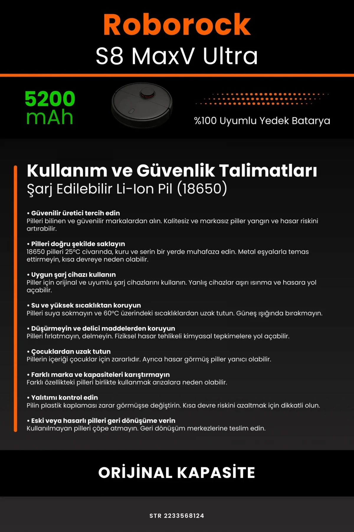 Roborock S8 Maxv Ultra 5200mAh Robot Süpürge Bataryası - Gerçek Kapasite, Maksimum Güvenlik