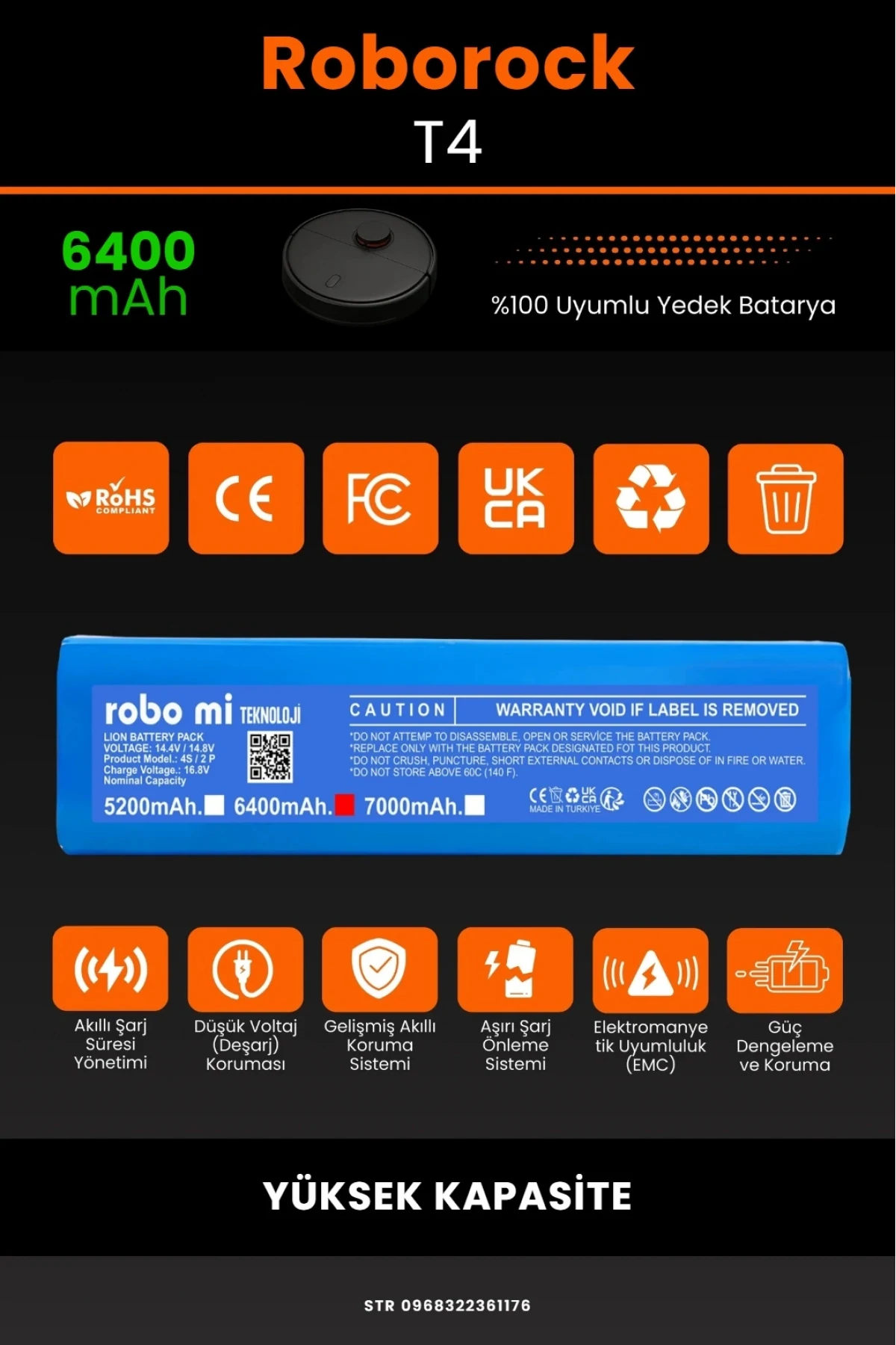 Roborock T4 Uyumlu 6400mAh  Robot Süpürge Bataryası - Kutusuz Model - Yüksek Kapasite