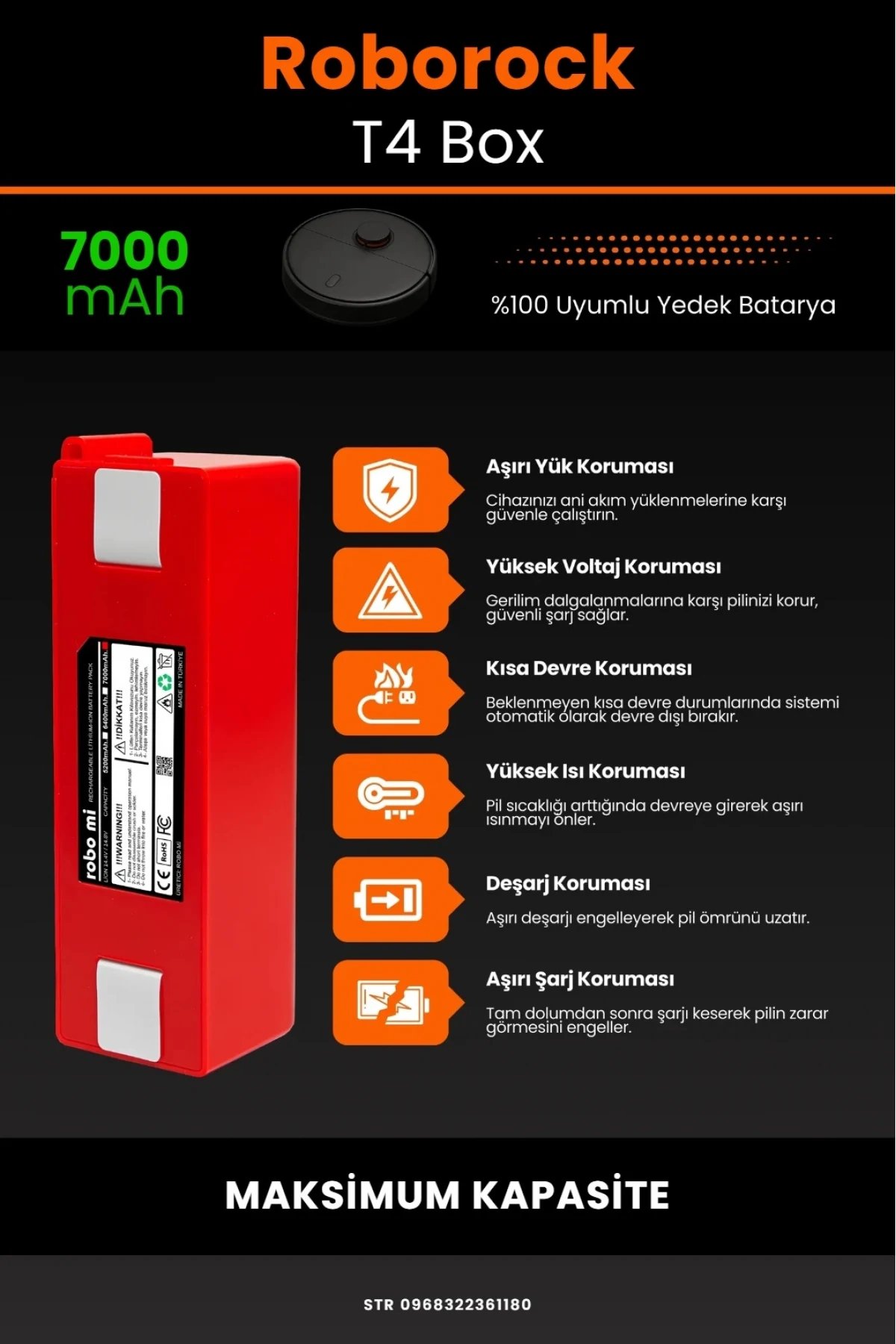 Roborock T4 Uyumlu 7000mAhRobot Süpürge Bataryası - Orijinal Box - Yüksek Kapasite