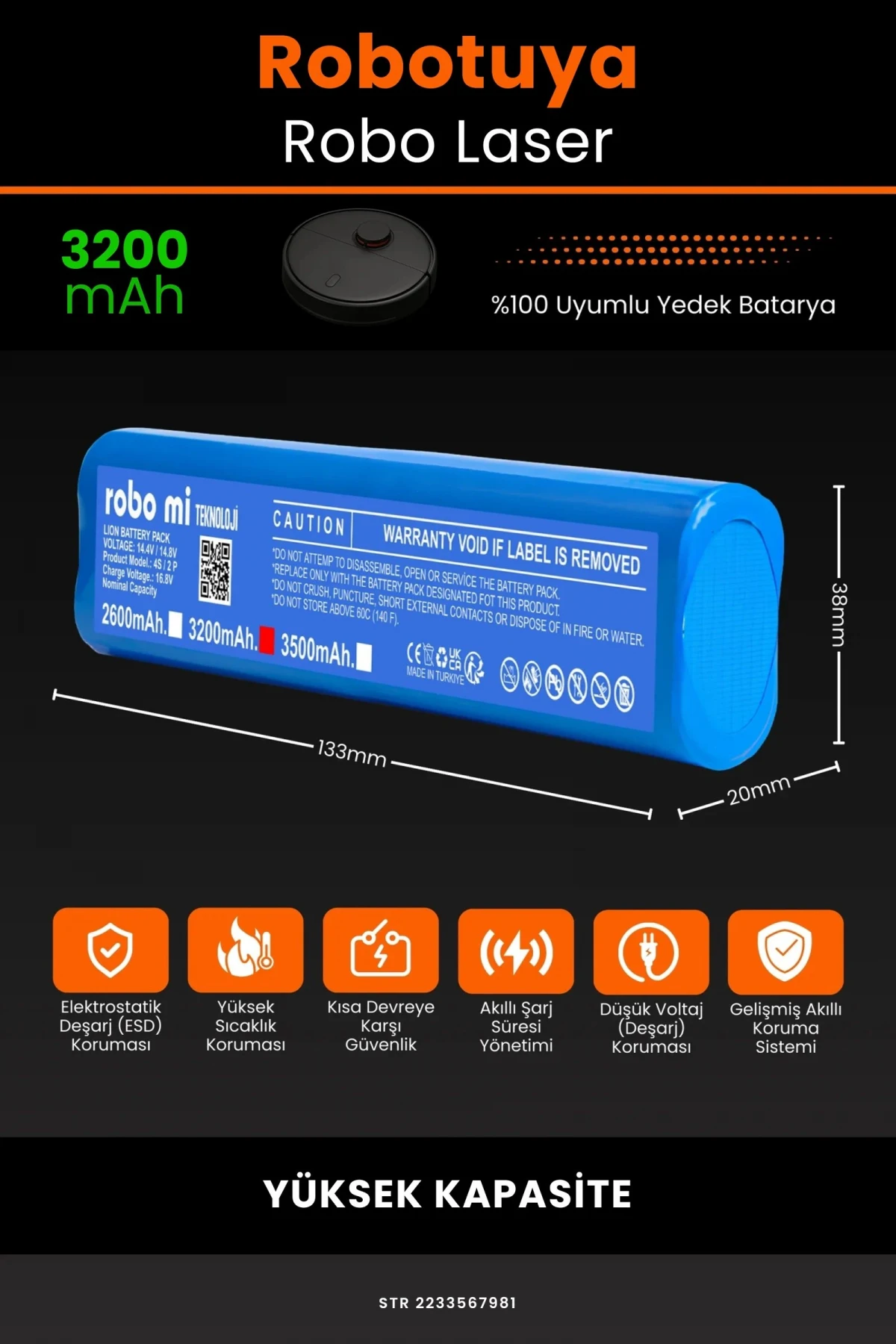 Robotuya RoboLaser 3200mAh Robot Süpürge Bataryası - Gerçek Kapasite, Maksimum Güvenlik
