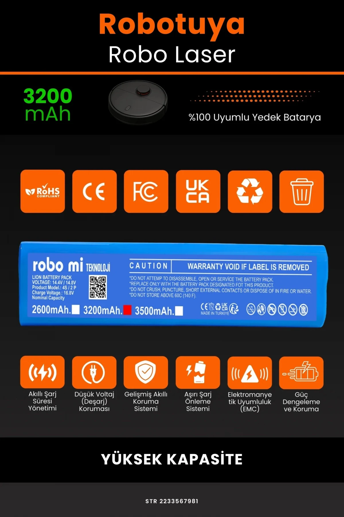 Robotuya RoboLaser 3200mAh Robot Süpürge Bataryası - Gerçek Kapasite, Maksimum Güvenlik