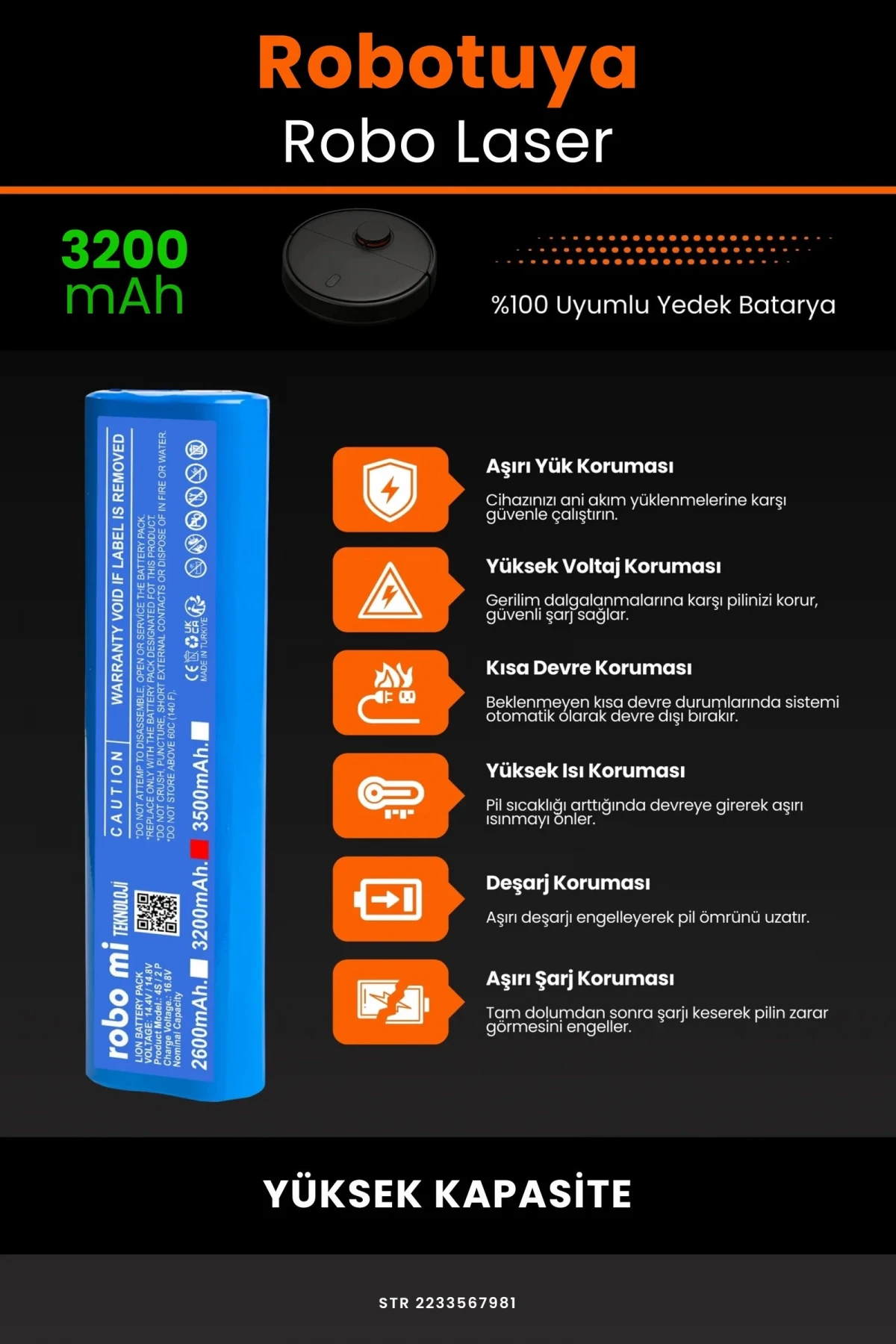 Robotuya RoboLaser 3200mAh Robot Süpürge Bataryası - Gerçek Kapasite, Maksimum Güvenlik