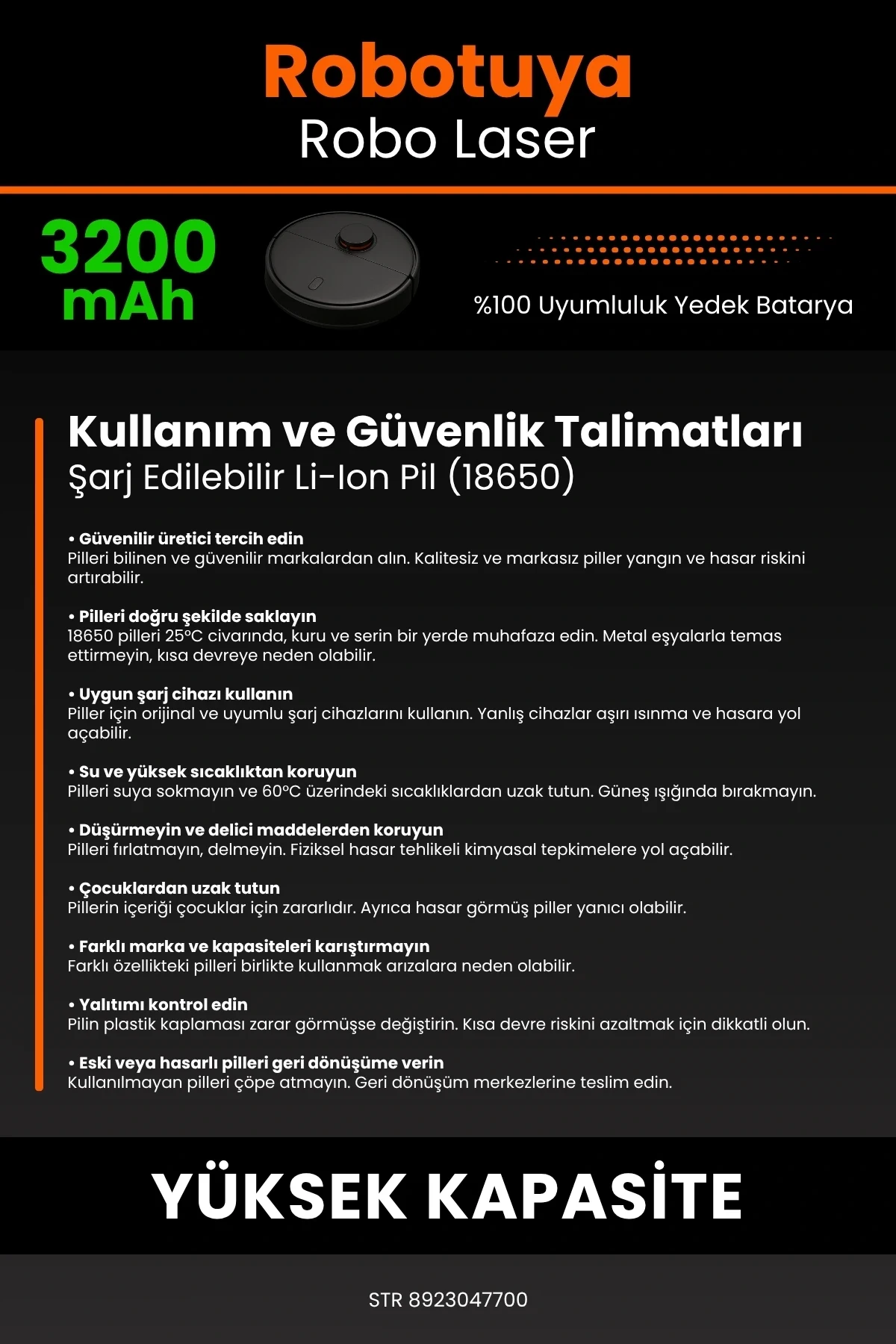 Robotuya RoboLaser 3200mAh Robot Süpürge Bataryası - Gerçek Kapasite, Maksimum Güvenlik