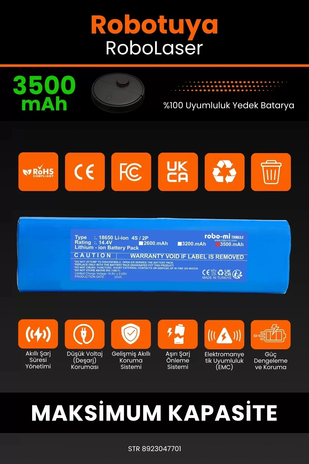 Robotuya RoboLaser 3500mAh Robot Süpürge Bataryası - Gerçek Kapasite, Maksimum Güvenlik