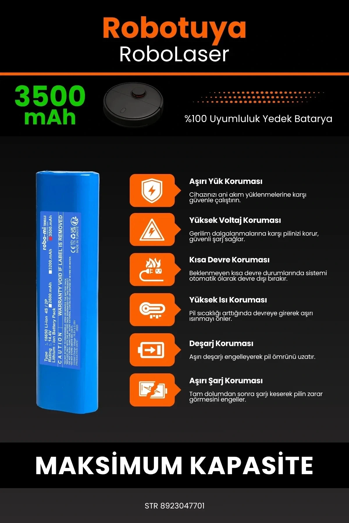 Robotuya RoboLaser 3500mAh Robot Süpürge Bataryası - Gerçek Kapasite, Maksimum Güvenlik