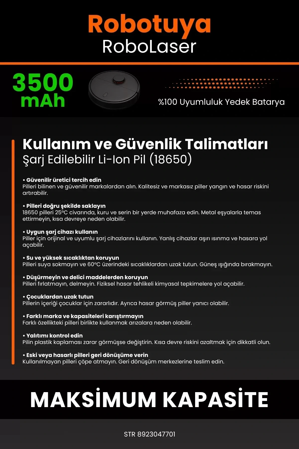 Robotuya RoboLaser 3500mAh Robot Süpürge Bataryası - Gerçek Kapasite, Maksimum Güvenlik