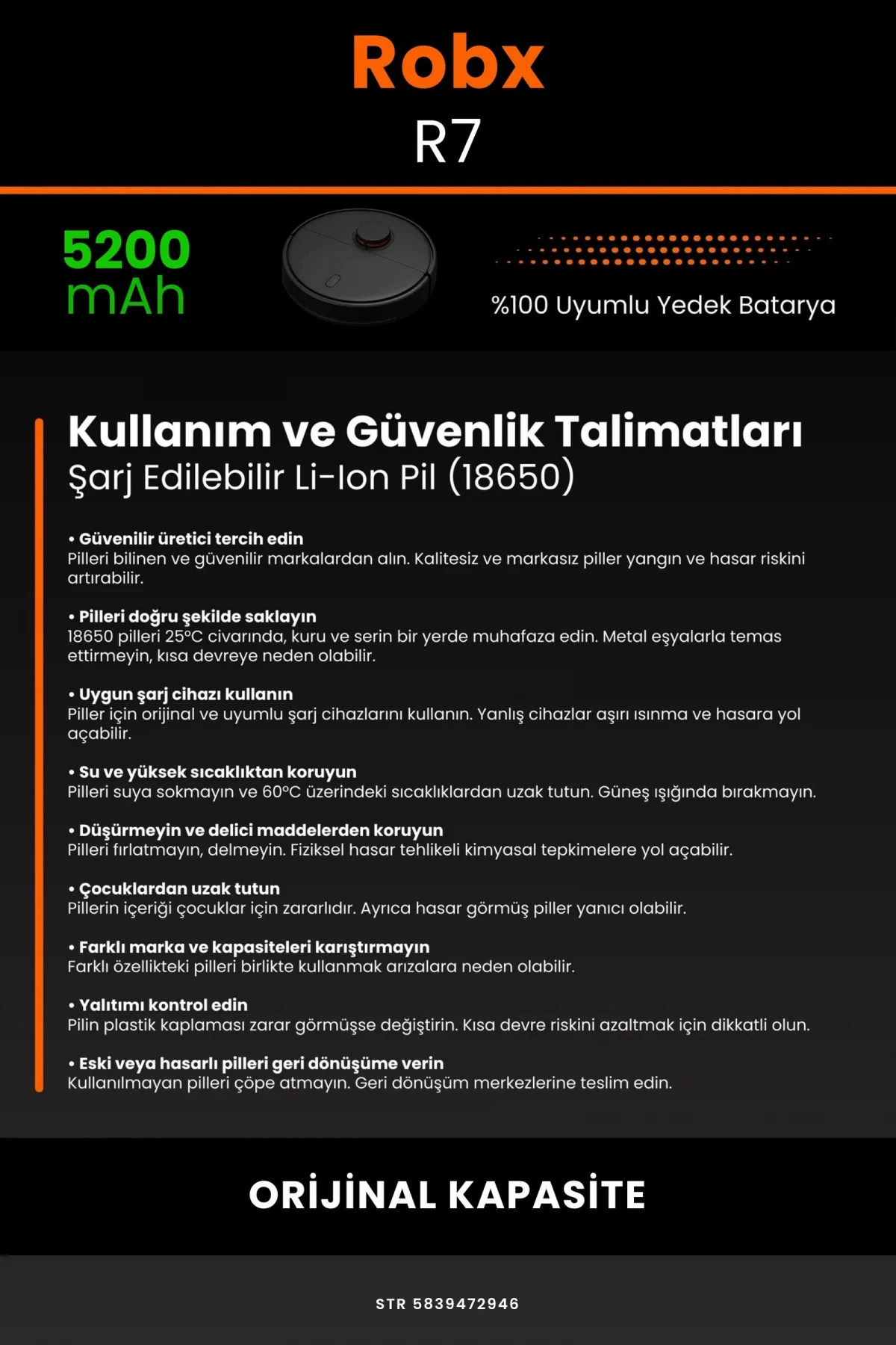 Robx R7 5200mAh Robot Süpürge Bataryası - Gerçek Kapasite, Maksimum Güvenlik