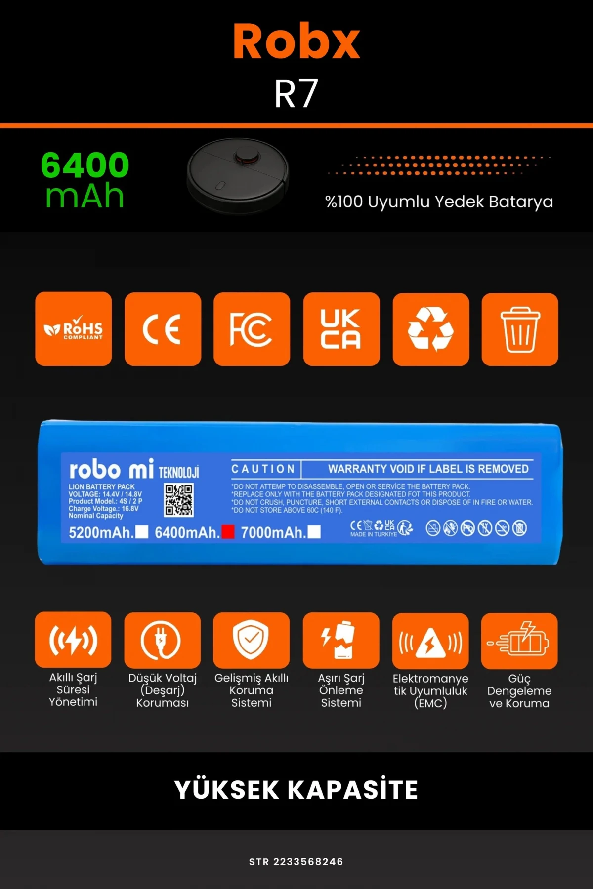 Robx R7 6400mAh Robot Süpürge Bataryası - Gerçek Kapasite, Maksimum Güvenlik