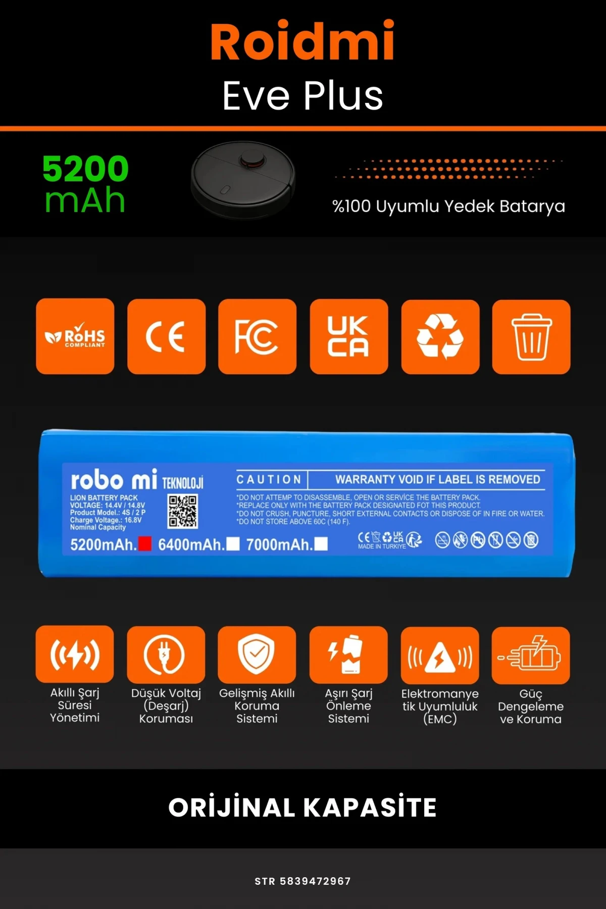 Roidmi Eve Plus 5200mAh Robot Süpürge Bataryası - Gerçek Kapasite, Maksimum Güvenlik