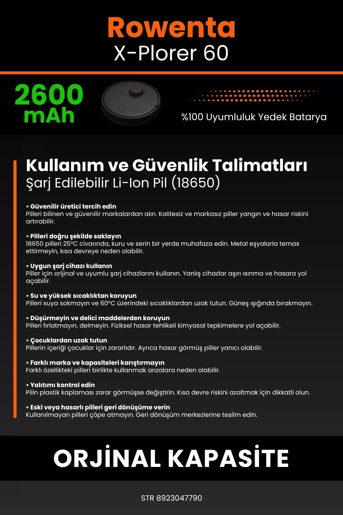 Rowenta X-Plorer 60 2600mAh Robot Süpürge Bataryası - Gerçek Kapasite, Maksimum Güvenlik