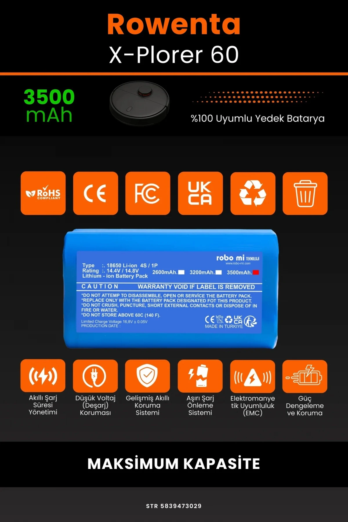 Rowenta X-Plorer 60 3500mAh Robot Süpürge Bataryası - Gerçek Kapasite, Maksimum Güvenlik