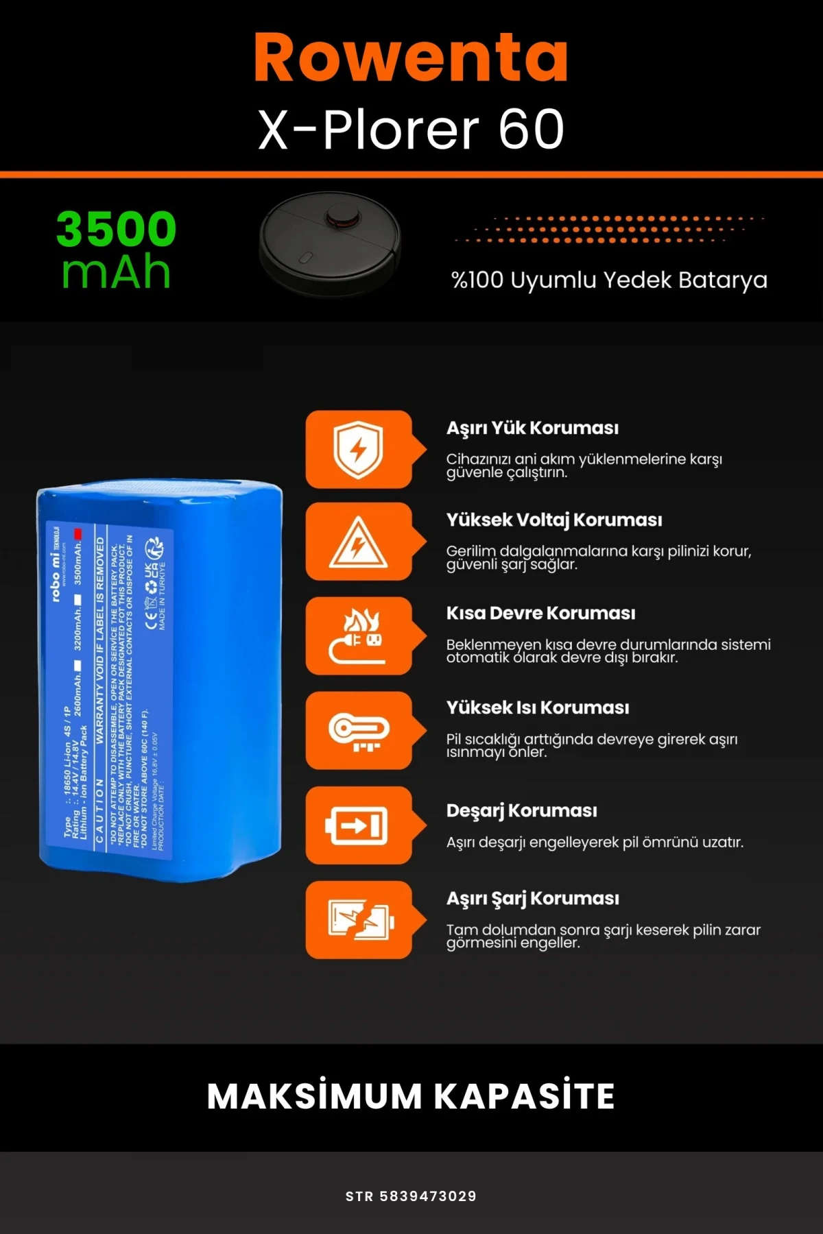 Rowenta X-Plorer 60 3500mAh Robot Süpürge Bataryası - Gerçek Kapasite, Maksimum Güvenlik