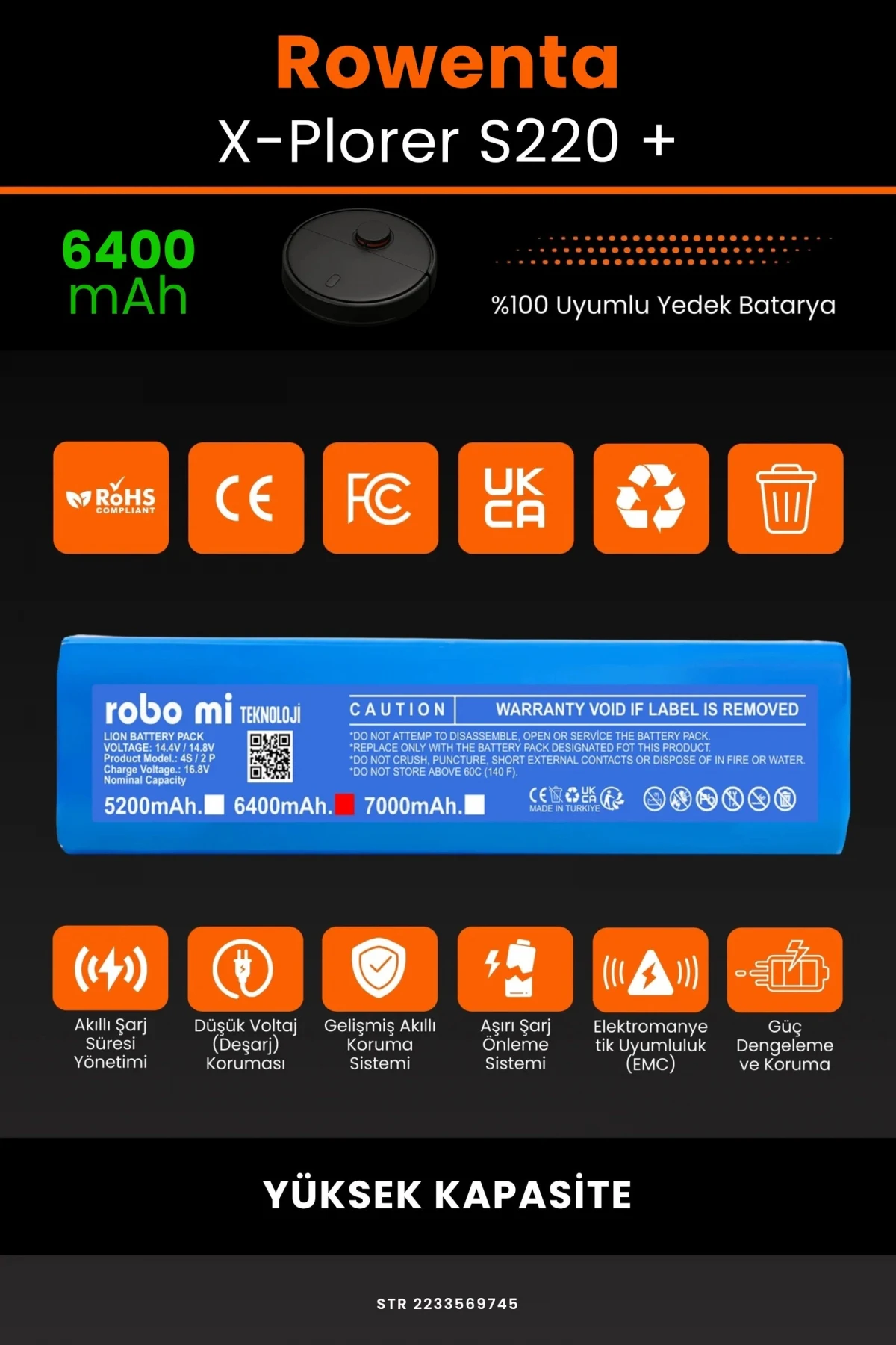 Rowenta X-Plorer S220 + 6400mAh Robot Süpürge Bataryası - Gerçek Kapasite, Maksimum Güvenlik