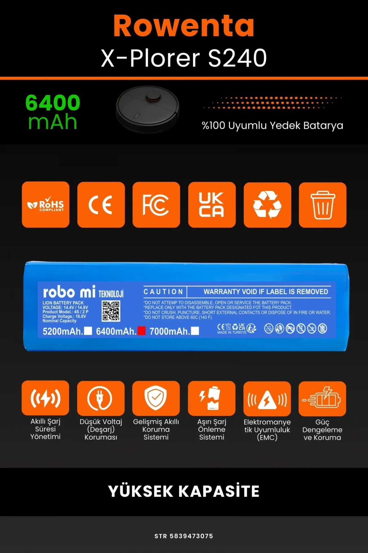 Rowenta X-Plorer S240 6400mAh Robot Süpürge Bataryası - Gerçek Kapasite, Maksimum Güvenlik