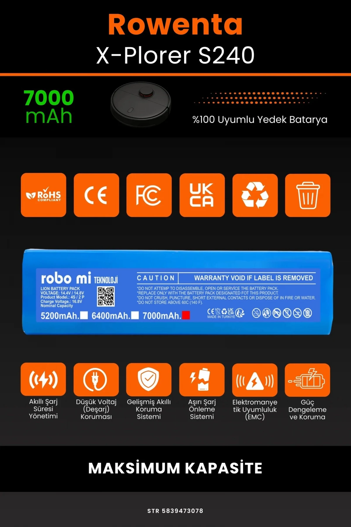 Rowenta X-Plorer S240 7000mAh Robot Süpürge Bataryası - Gerçek Kapasite, Maksimum Güvenlik