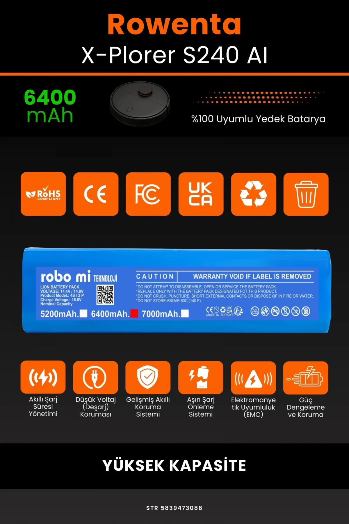 Rowenta X-Plorer S240 AI 6400mAh Robot Süpürge Bataryası - Gerçek Kapasite, Maksimum Güvenlik