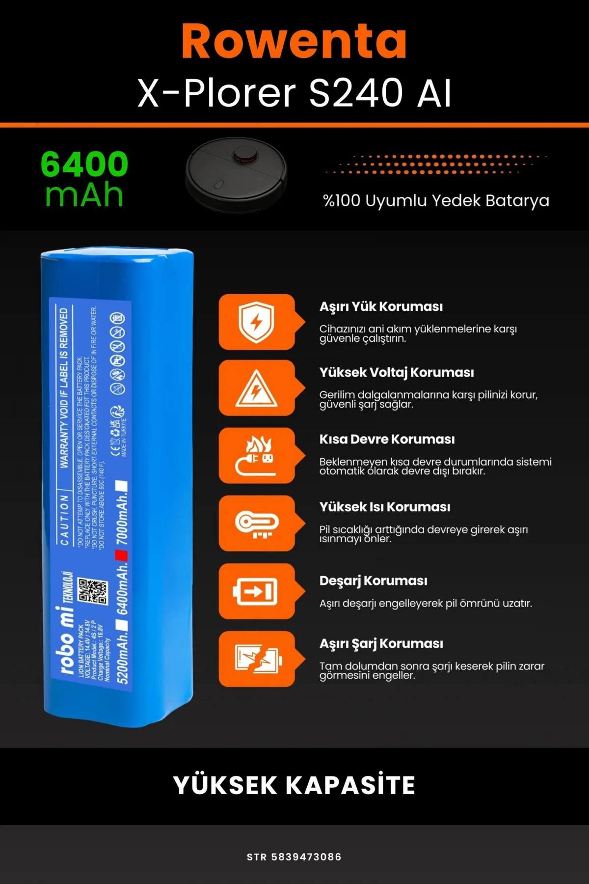 Rowenta X-Plorer S240 AI 6400mAh Robot Süpürge Bataryası - Gerçek Kapasite, Maksimum Güvenlik