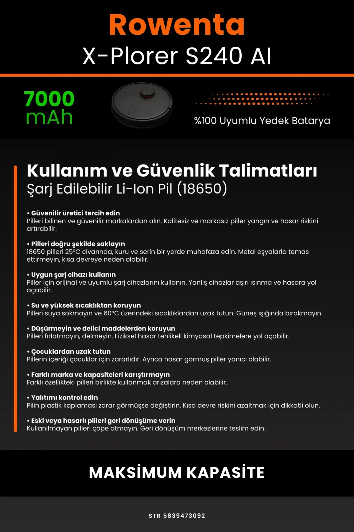 Rowenta X-Plorer S240 AI 7000mAh Robot Süpürge Bataryası - Gerçek Kapasite, Maksimum Güvenlik