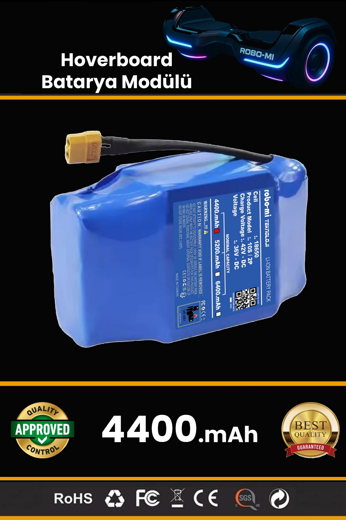 Smart Balance Hoverboard Elektrikli Kaykay Bataryası 36V 4400mAh Yüksek Yoğunluklu Li-İyon Batarya