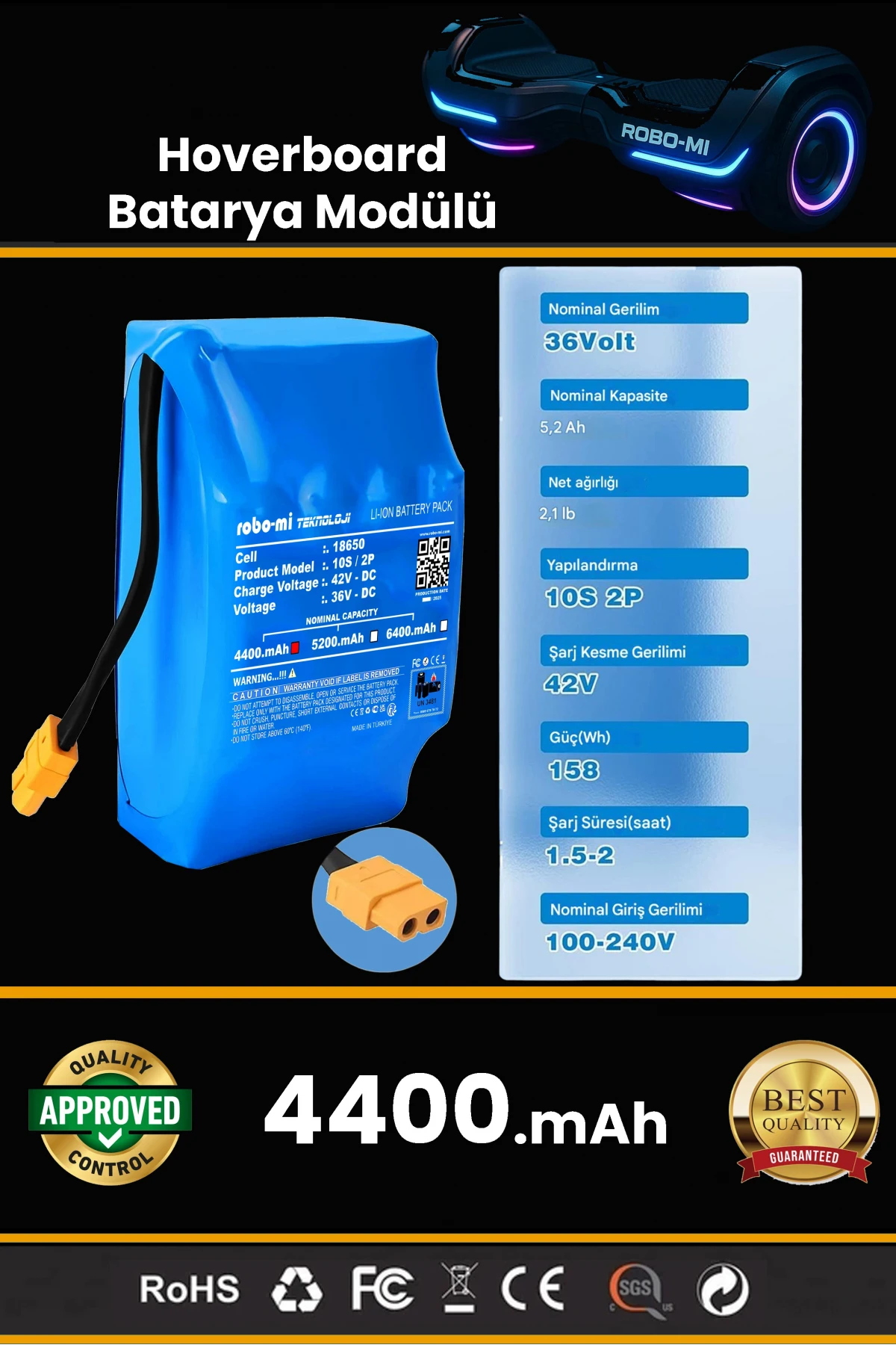 Smart Balance Hoverboard Elektrikli Kaykay Bataryası 36V 4400mAh Yüksek Yoğunluklu Li-İyon Batarya
