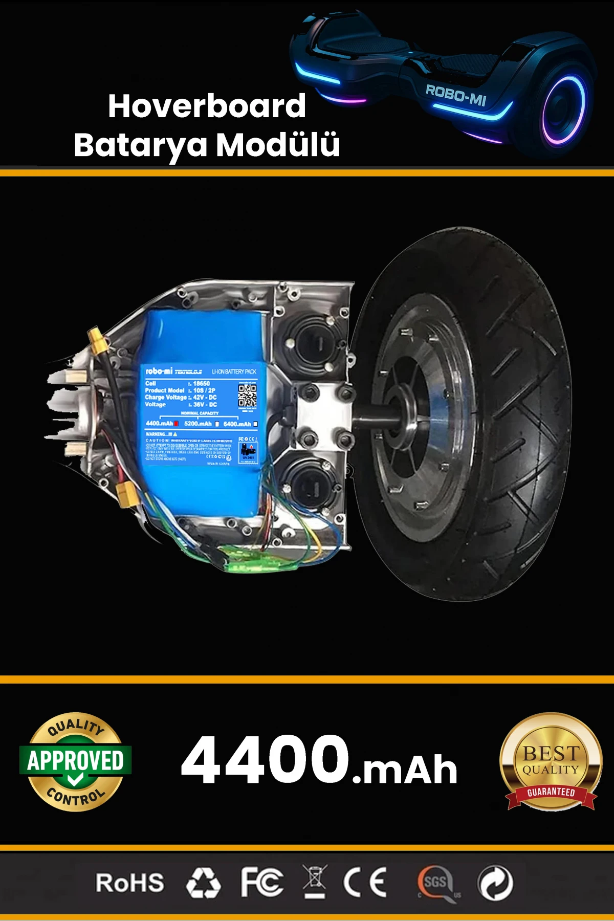 Smart Balance Hoverboard Elektrikli Kaykay Bataryası 36V 4400mAh Yüksek Yoğunluklu Li-İyon Batarya