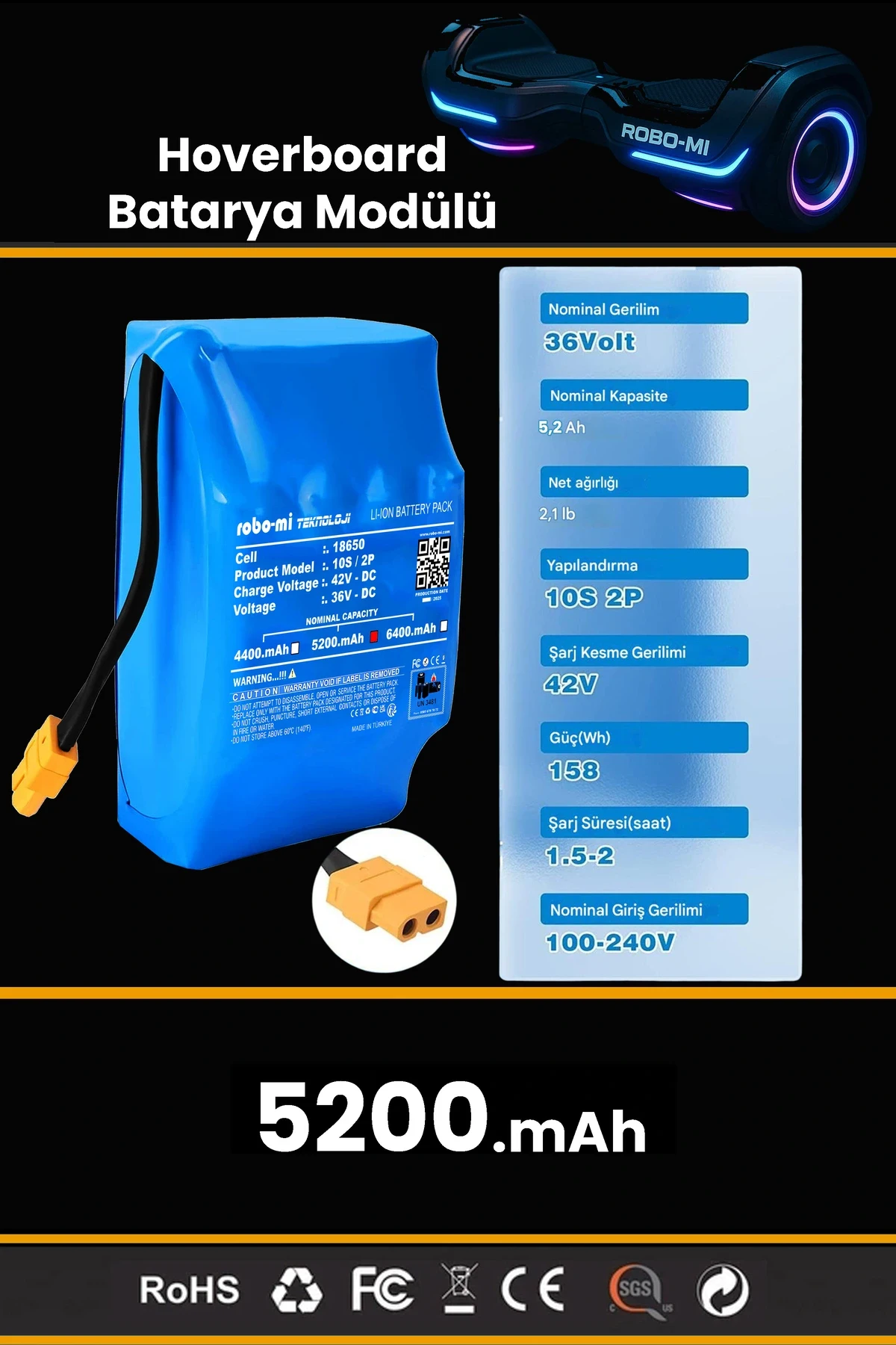 Smart Balance Hoverboard Elektrikli Kaykay Bataryası 36V 4400mAh Yüksek Yoğunluklu Li-İyon Batarya