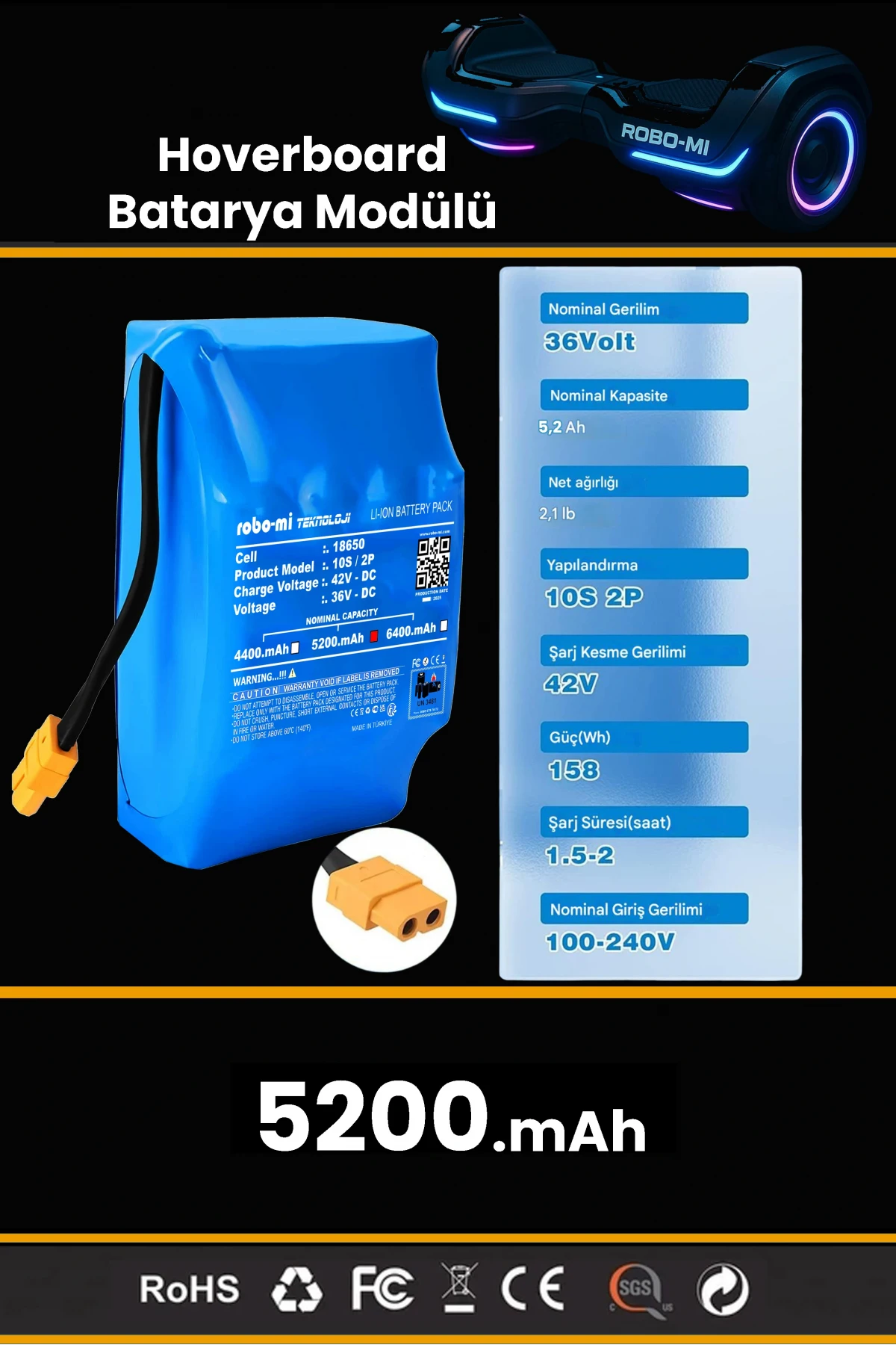 Smart Balance Hoverboard Elektrikli Kaykay Bataryası 36V 5200mAh Yüksek Yoğunluklu Li-İyon Batarya