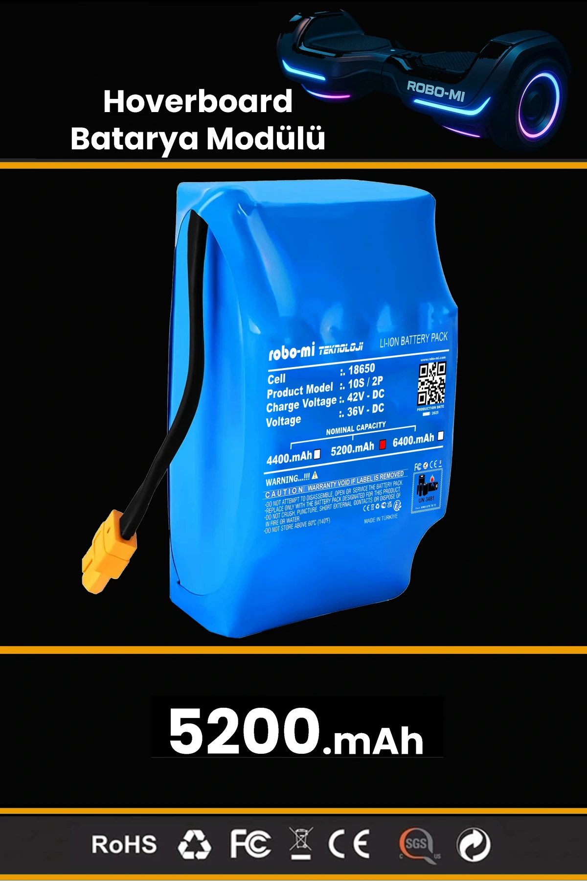 Smart Balance Hoverboard Elektrikli Kaykay Bataryası 36V 5200mAh Yüksek Yoğunluklu Li-İyon Batarya