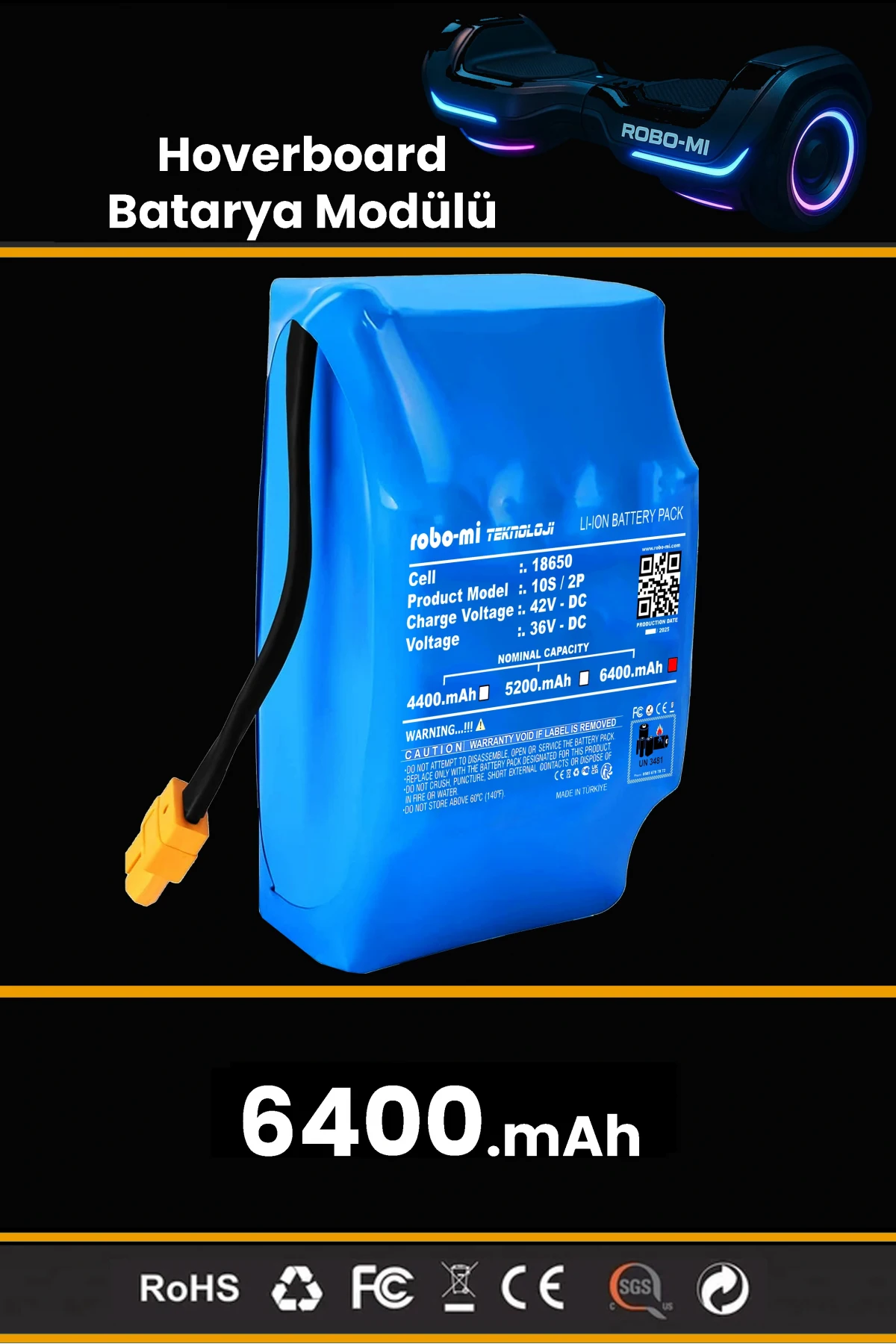 Smart Balance Hoverboard Elektrikli Kaykay Bataryası 36V 6400mAh Yüksek Yoğunluklu Li-İyon Batarya