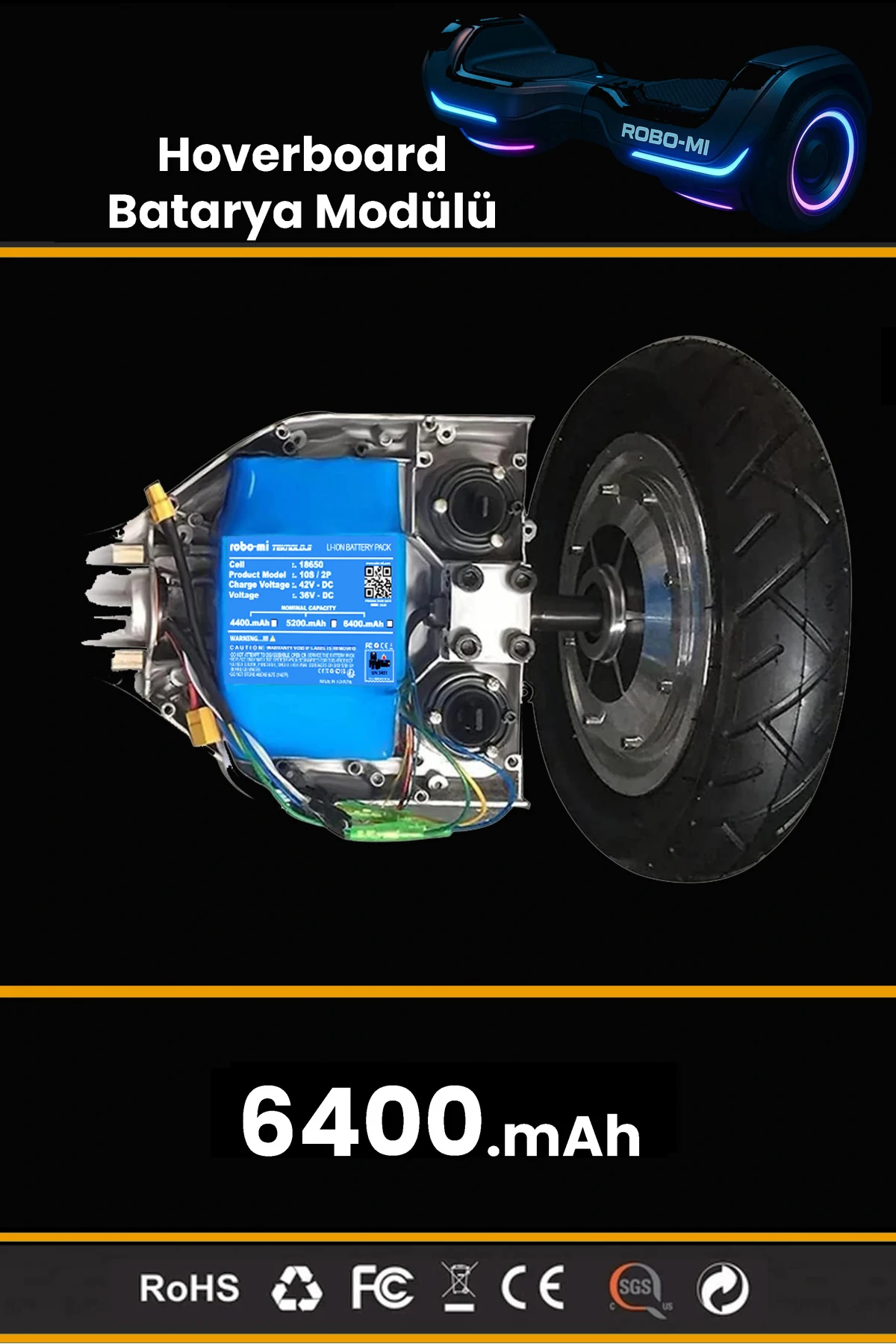 Smart Balance Hoverboard Elektrikli Kaykay Bataryası 36V 6400mAh Yüksek Yoğunluklu Li-İyon Batarya