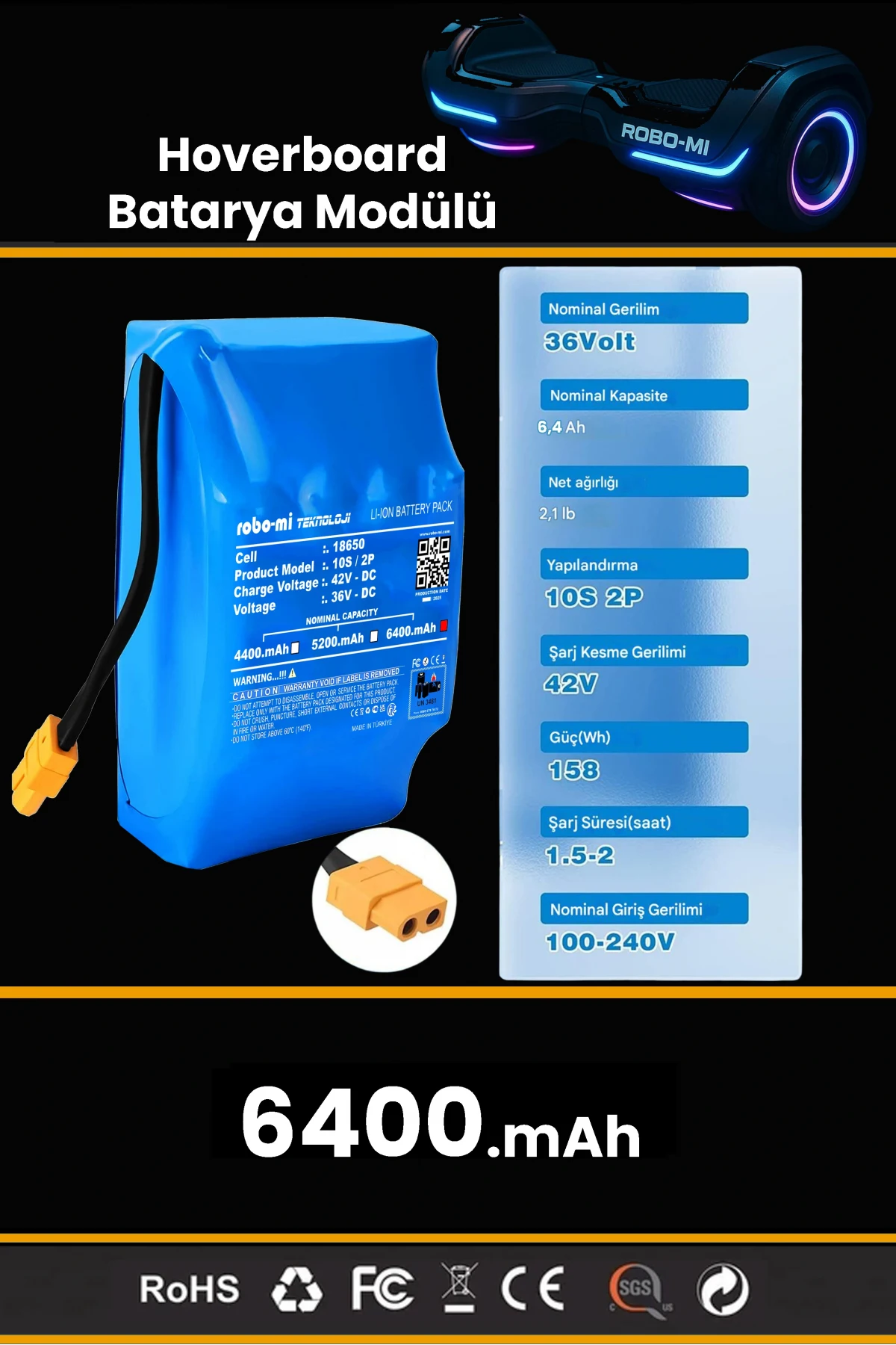 Smart Balance Hoverboard Elektrikli Kaykay Bataryası 36V 6400mAh Yüksek Yoğunluklu Li-İyon Batarya