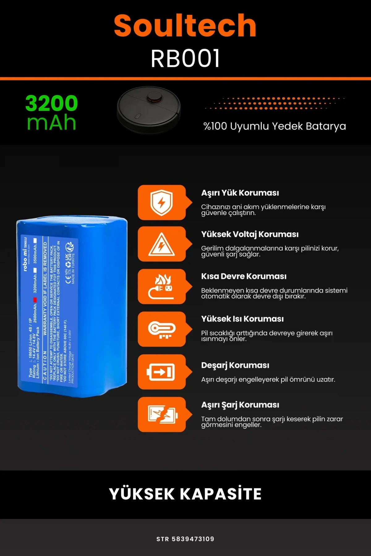 Soultech RB001 3200mAh Robot Süpürge Bataryası - Gerçek Kapasite, Maksimum Güvenlik