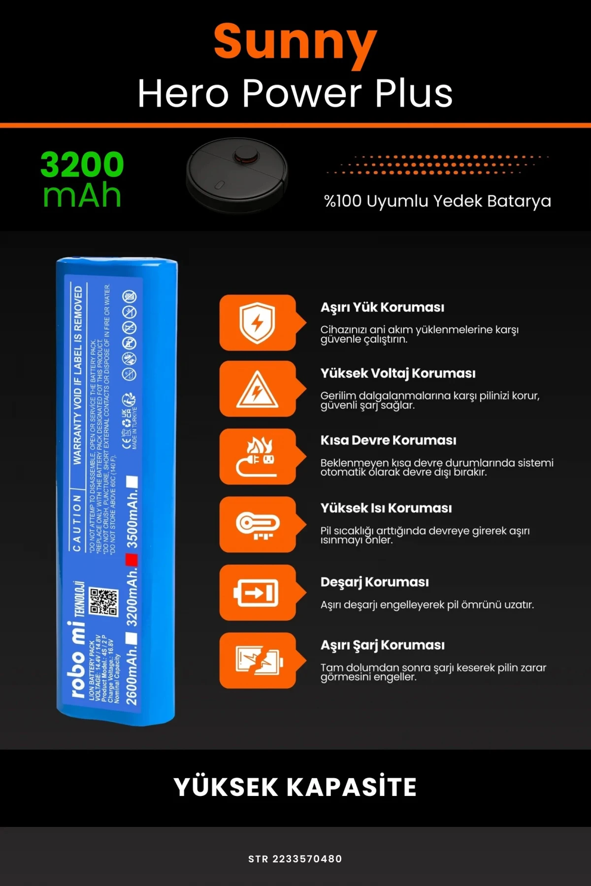 Sunny Hero Power Plus 3200mAh Robot Süpürge Bataryası - Gerçek Kapasite, Maksimum Güvenlik
