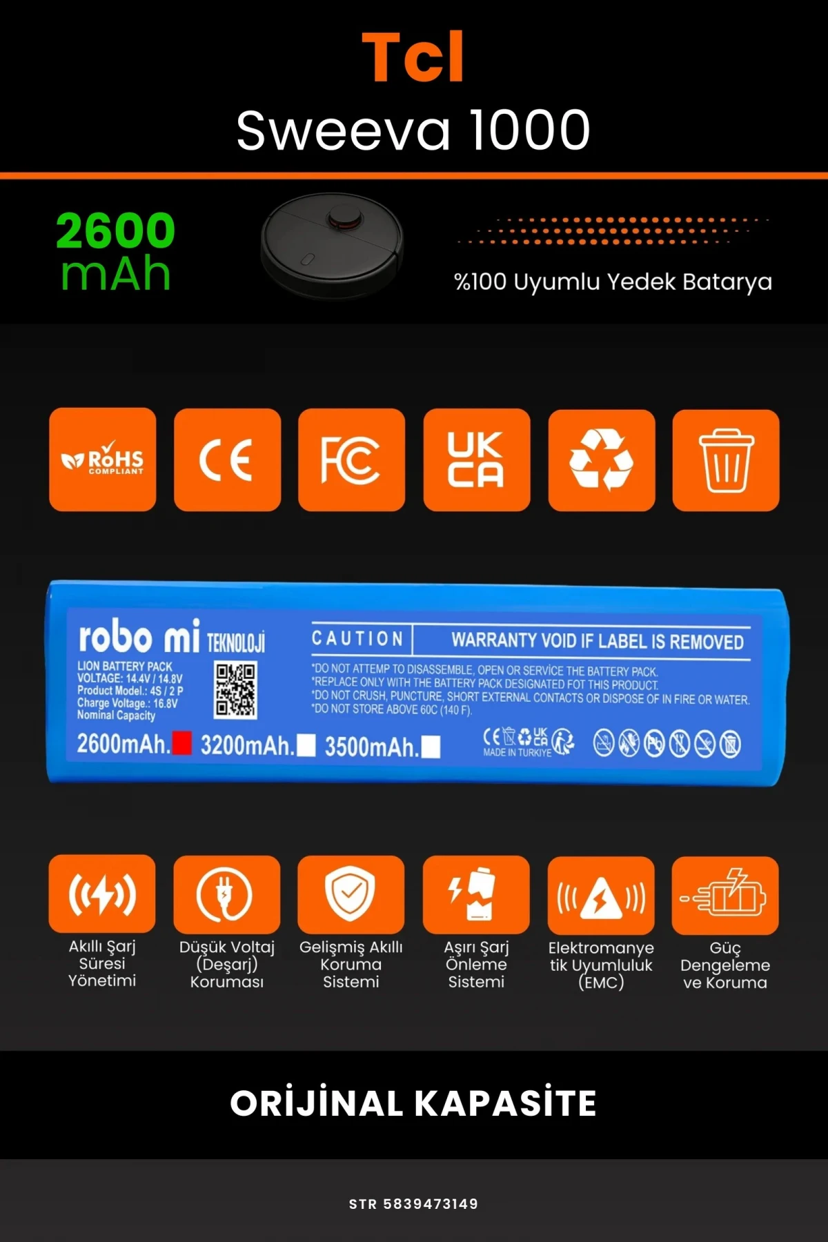 Tcl Sweeva 1000 2600mAh Robot Süpürge Bataryası - Gerçek Kapasite, Maksimum Güvenlik