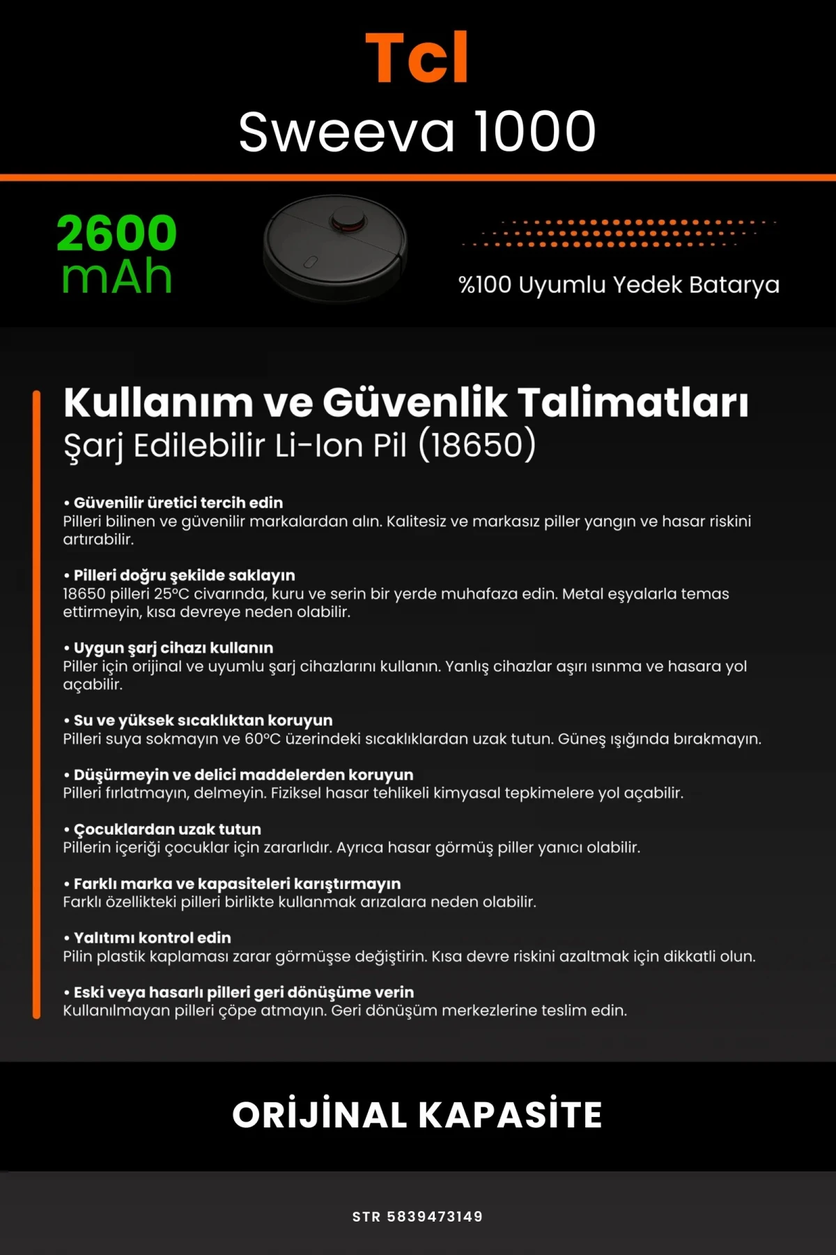 Tcl Sweeva 1000 2600mAh Robot Süpürge Bataryası - Gerçek Kapasite, Maksimum Güvenlik