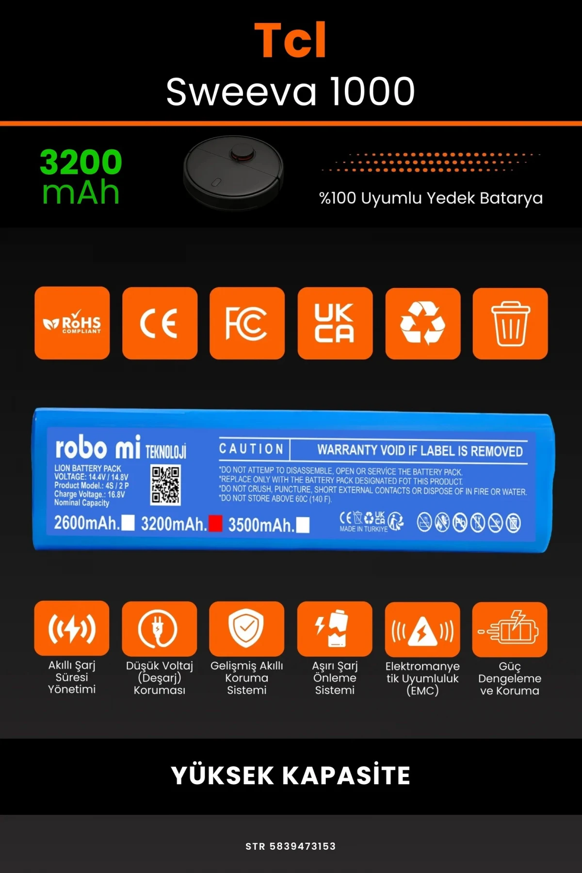 Tcl Sweeva 1000 3200mAh Robot Süpürge Bataryası - Gerçek Kapasite, Maksimum Güvenlik