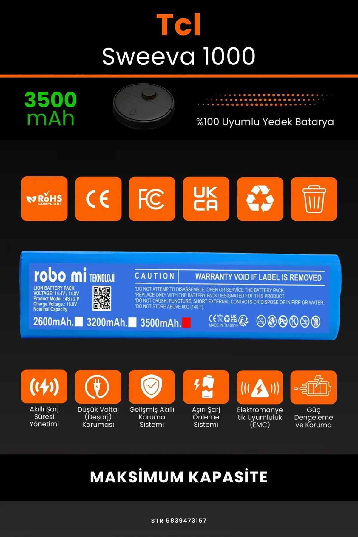 Tcl Sweeva 1000 3500mAh Robot Süpürge Bataryası - Gerçek Kapasite, Maksimum Güvenlik