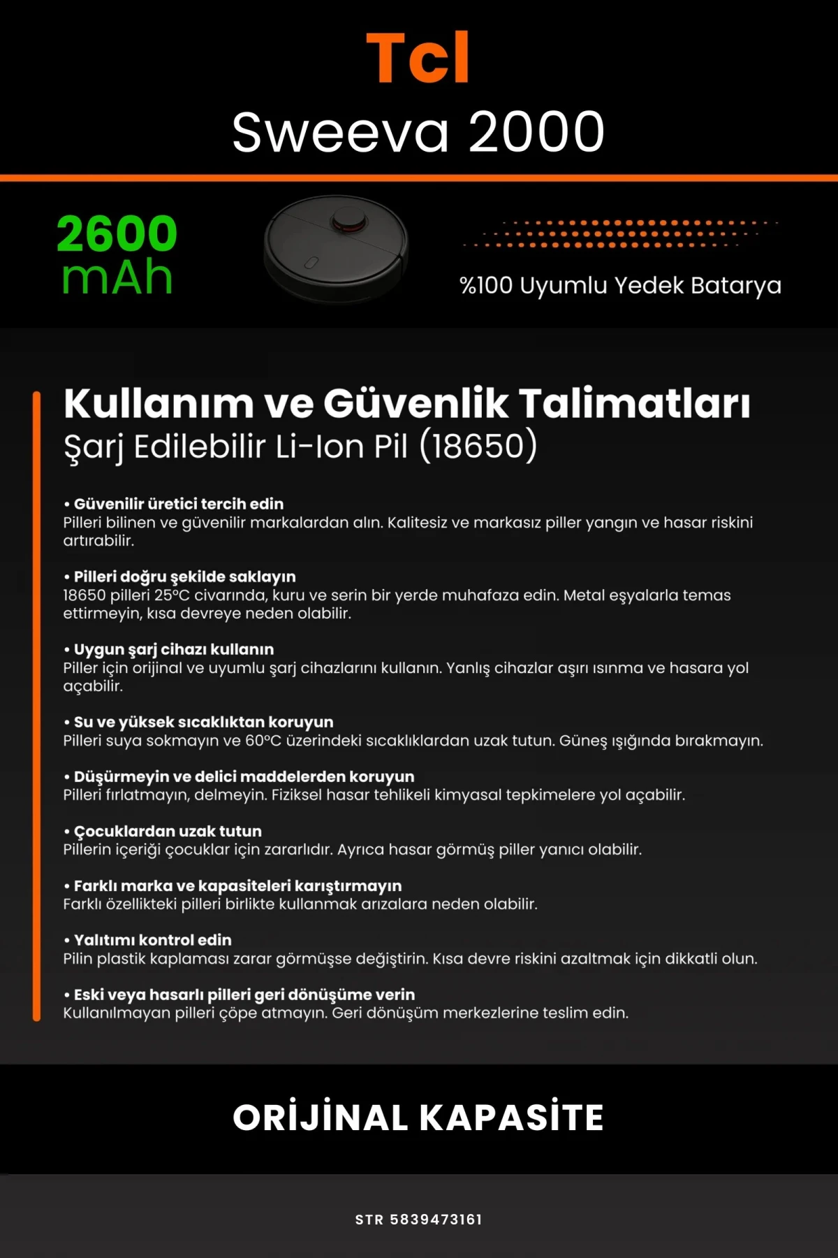 Tcl Sweeva 2000 2600mAh Robot Süpürge Bataryası - Gerçek Kapasite, Maksimum Güvenlik