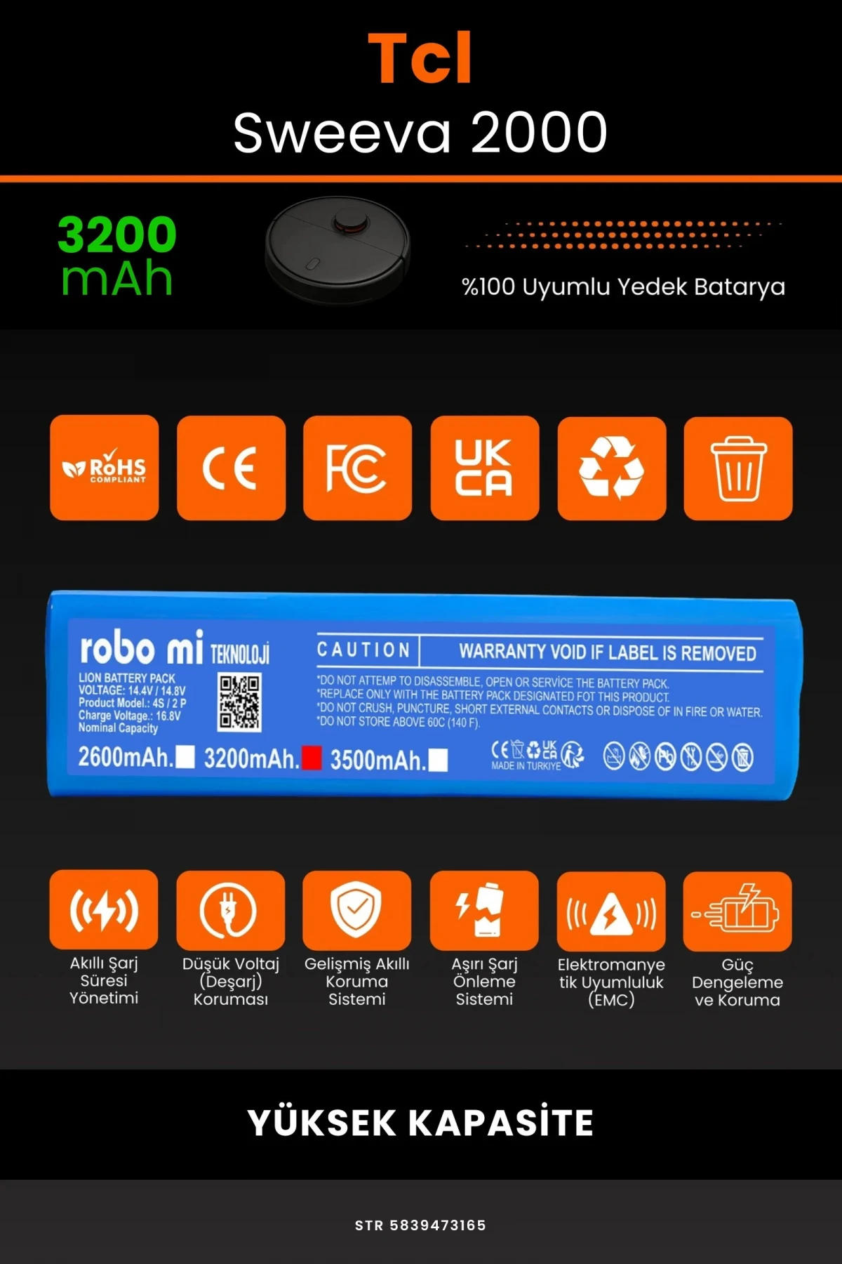 Tcl Sweeva 2000 3200mAh Robot Süpürge Bataryası - Gerçek Kapasite, Maksimum Güvenlik
