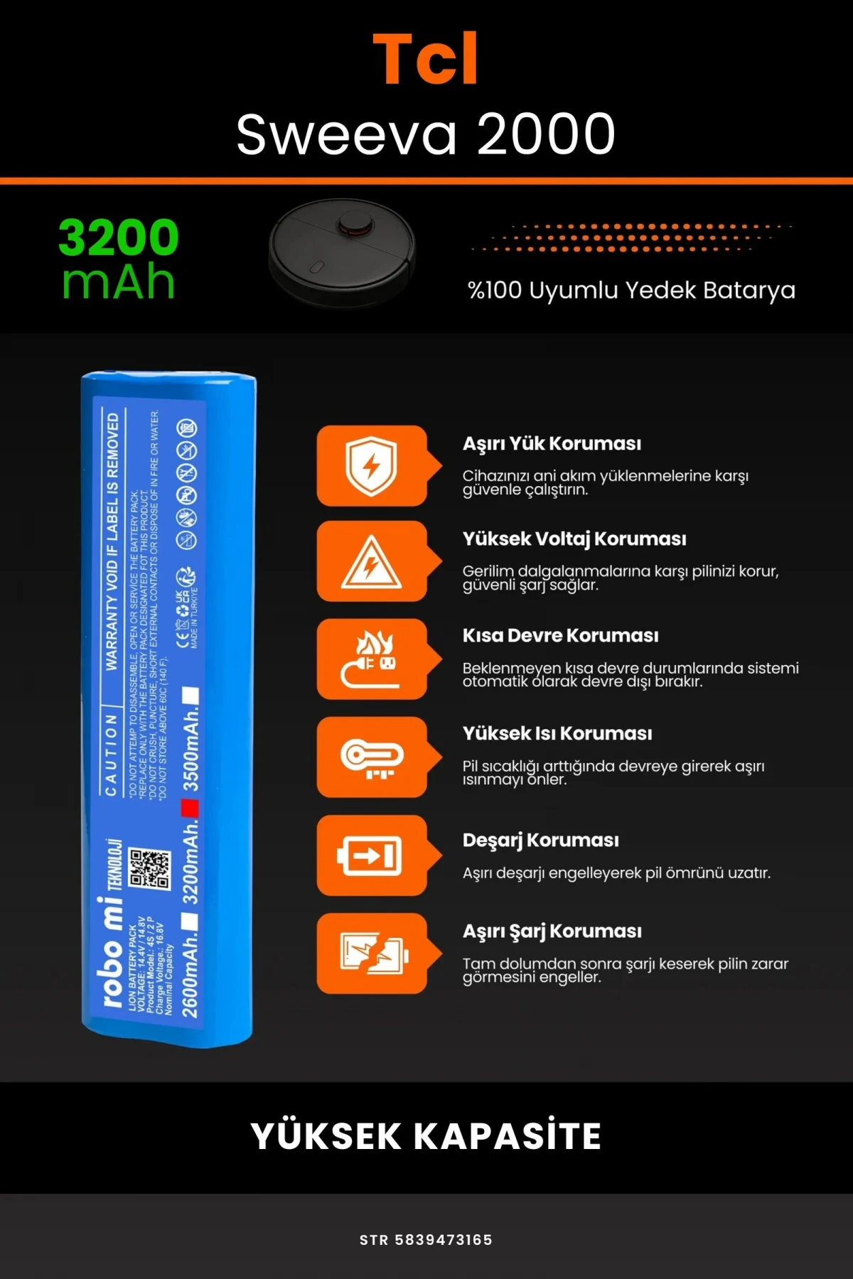 Tcl Sweeva 2000 3200mAh Robot Süpürge Bataryası - Gerçek Kapasite, Maksimum Güvenlik