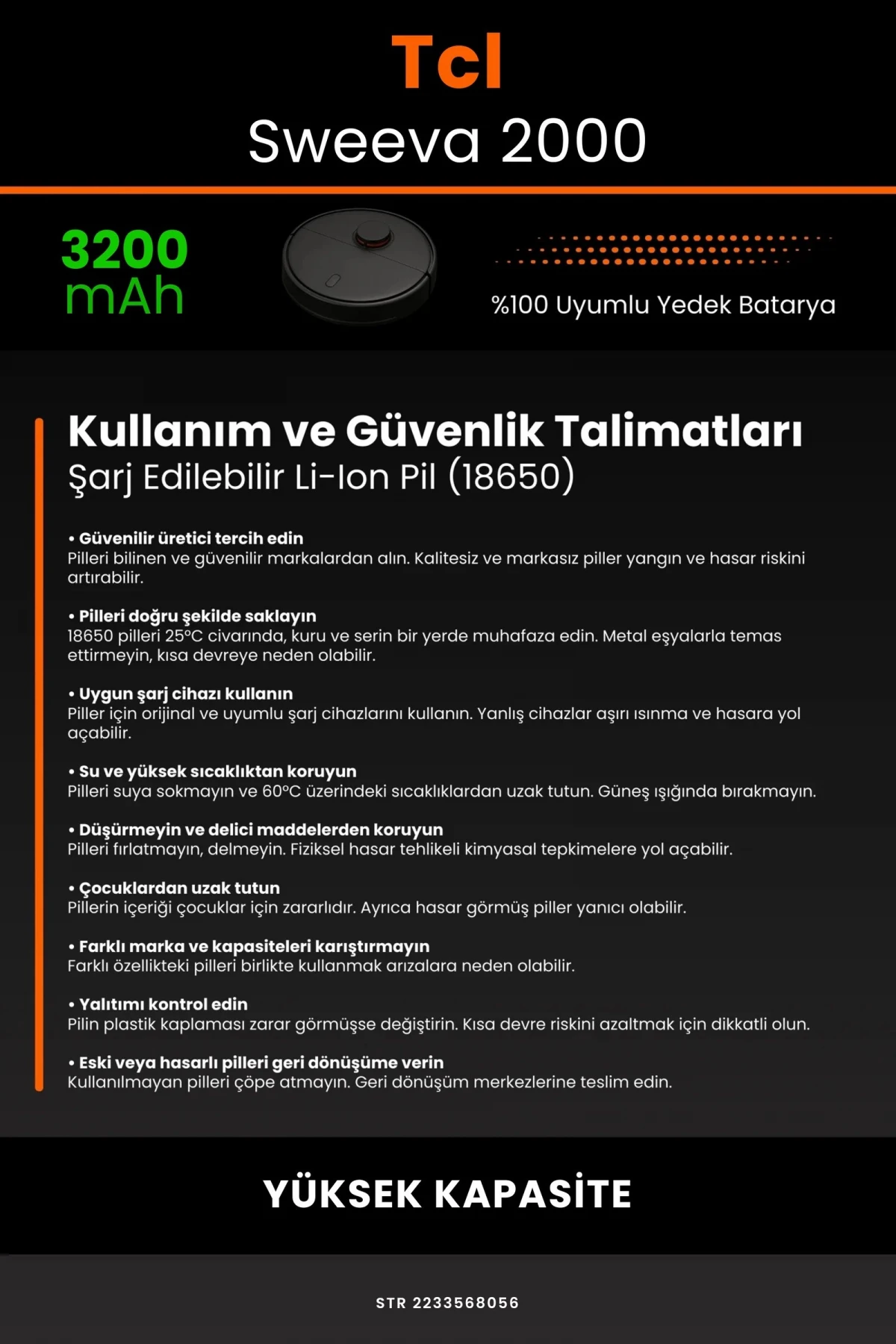 Tcl Sweeva 2000 3200mAh Robot Süpürge Bataryası - Gerçek Kapasite, Maksimum Güvenlik