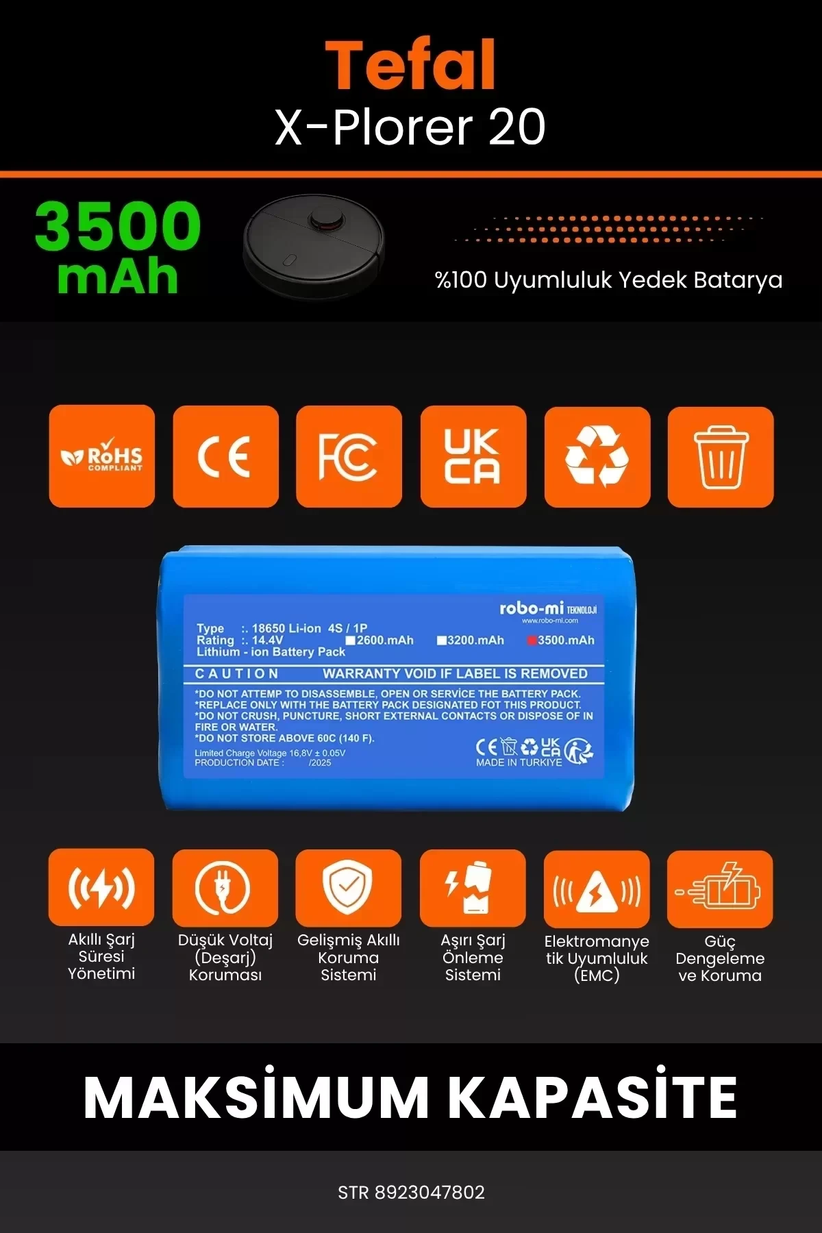 Tefal X-Plorer 20 3500mAh Robot Süpürge Bataryası - Gerçek Kapasite, Maksimum Güvenlik