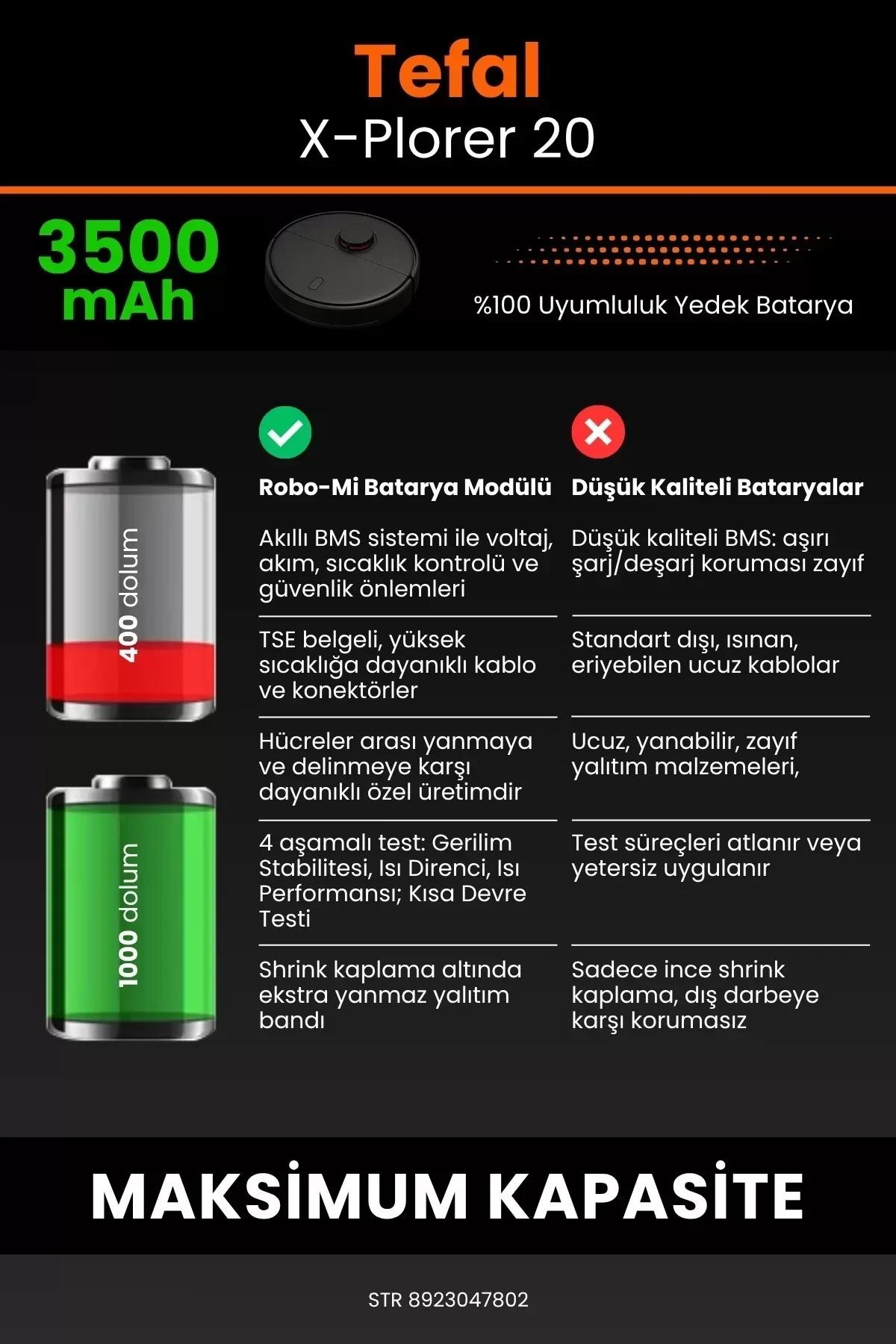 Tefal X-Plorer 20 3500mAh Robot Süpürge Bataryası - Gerçek Kapasite, Maksimum Güvenlik