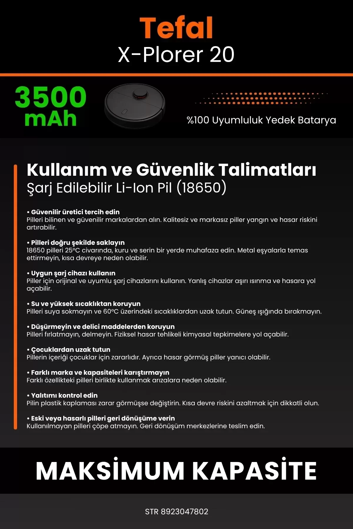 Tefal X-Plorer 20 3500mAh Robot Süpürge Bataryası - Gerçek Kapasite, Maksimum Güvenlik