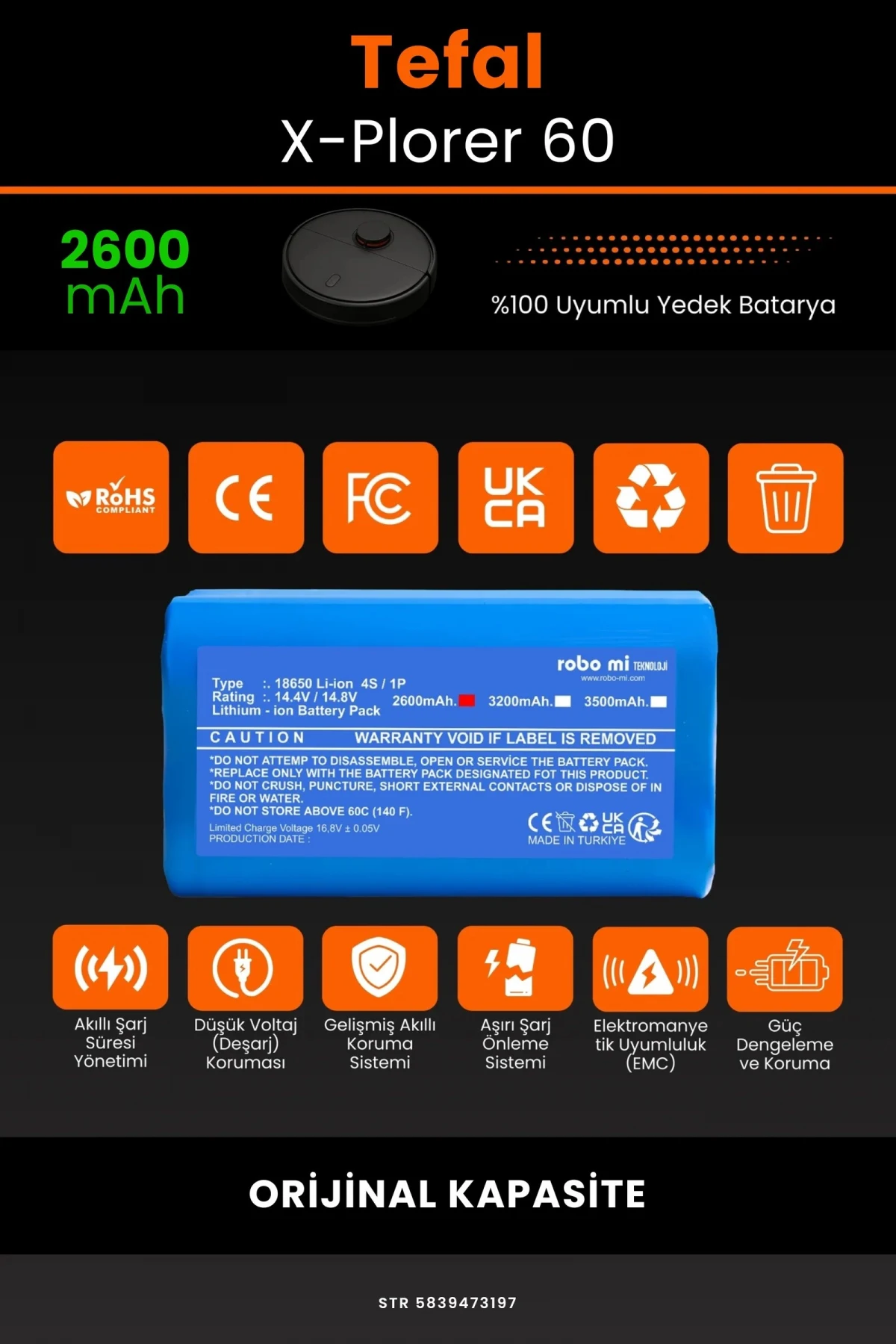 Tefal X-Plorer 60 2600mAh Robot Süpürge Bataryası - Gerçek Kapasite, Maksimum Güvenlik