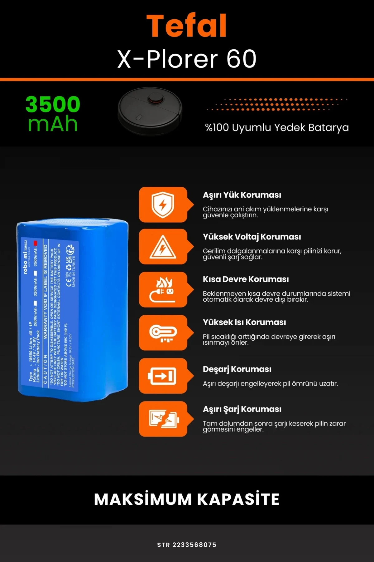 Tefal X-Plorer 60 3500mAh Robot Süpürge Bataryası - Gerçek Kapasite, Maksimum Güvenlik